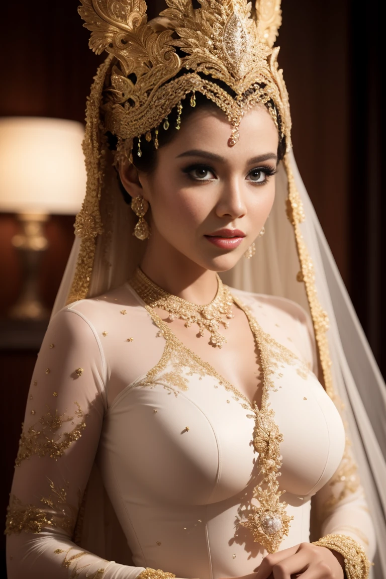 close up of beautiful woman, a sweet mouth, delicate lips, seductive lips, light on the face, dynamic pose, hiding hands, pengantin_sunda. Ultra detailed, 8K, HDR, Octane Render, Redshift, Unreal Engine 5. Professionally color graded, atmosphere, amazing depth, rich colors, powerful imagery, psychedelic overtones, 4K, 8K. NSFW nudity, full body