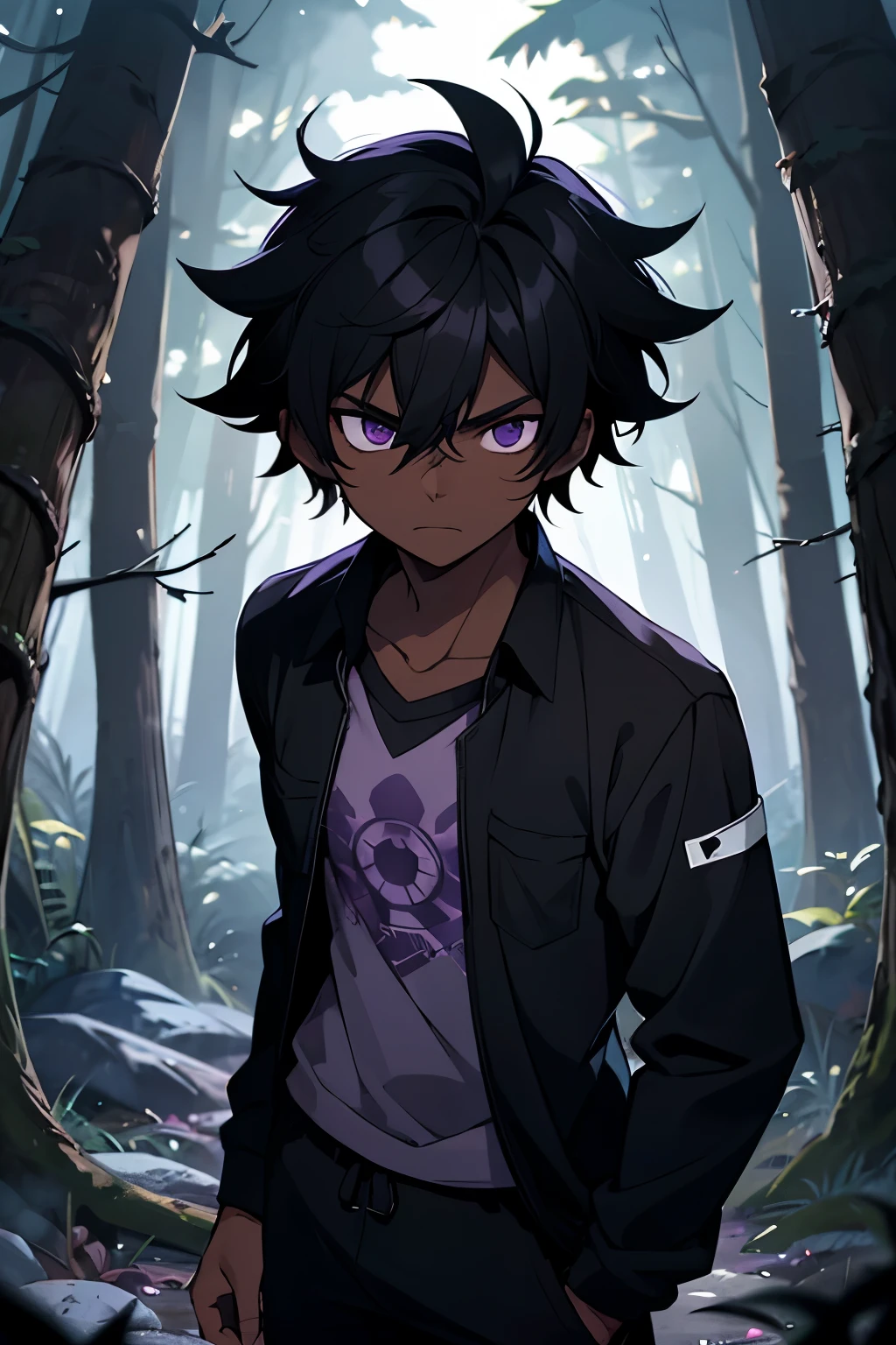 young male, dark skin, black hair, messy hair, purple eyes, black long-sleeved shirt, black sweatpants, in a dark forest at night, cold expression