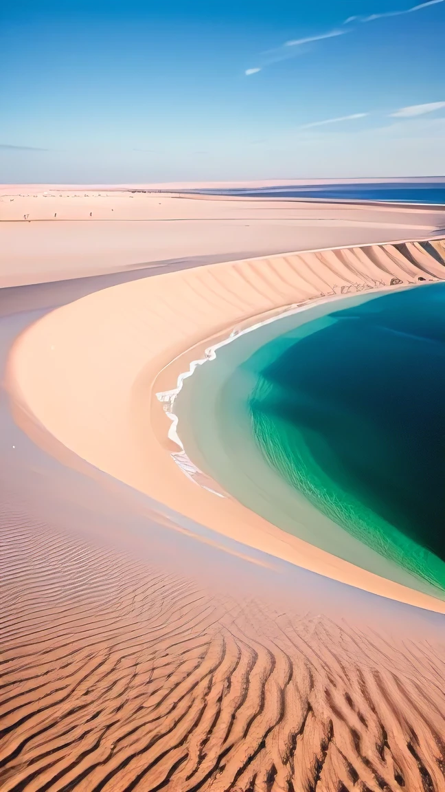 Create a breathtaking image of a deep blue clean empty morning sky abowe sea. the most perfect desert on the world - Lençóis Maranhenses National Park, intimidating floating sand.stunning photoshot,