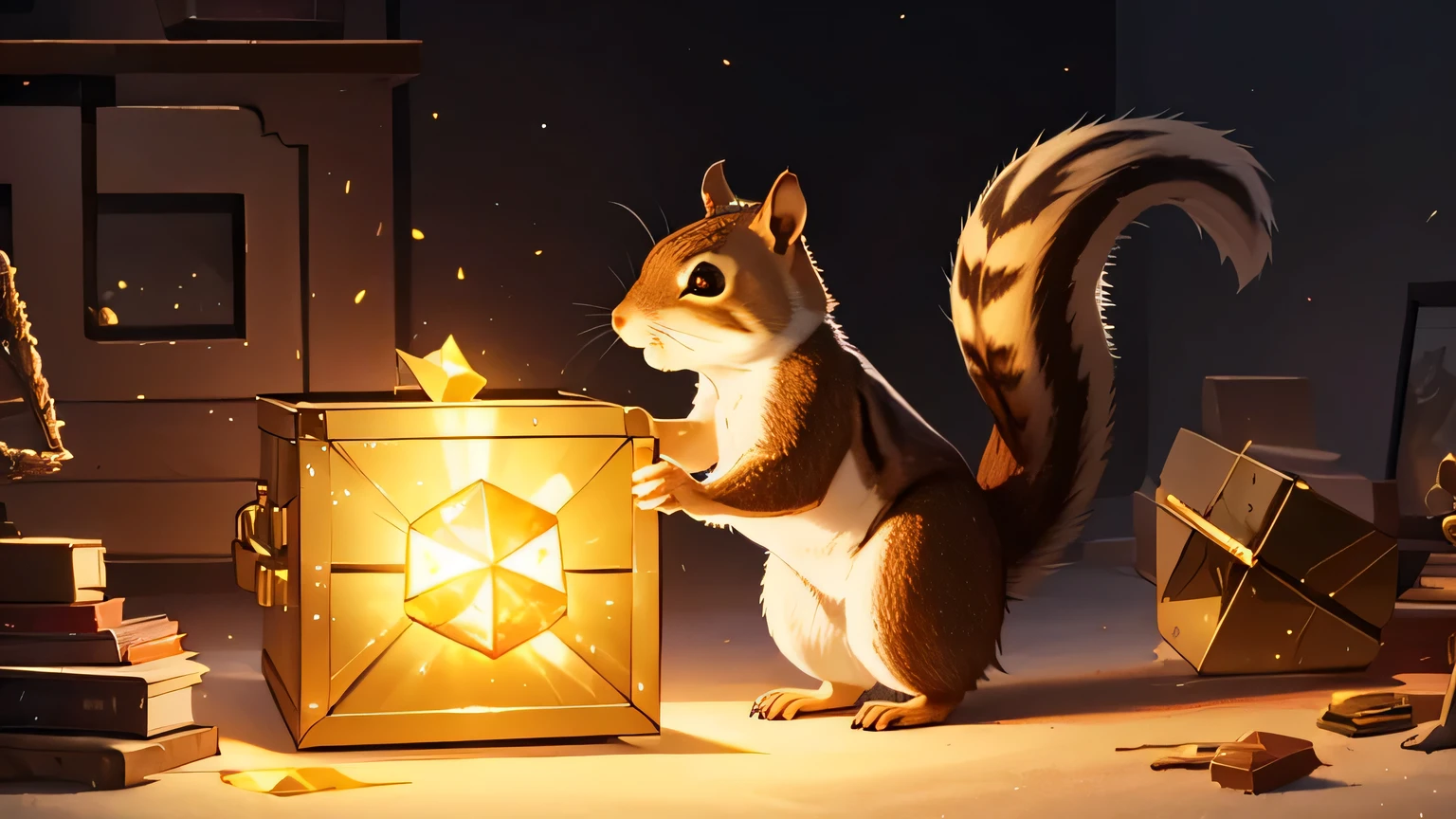 a squirrel finding a luminous artifact in a golden box