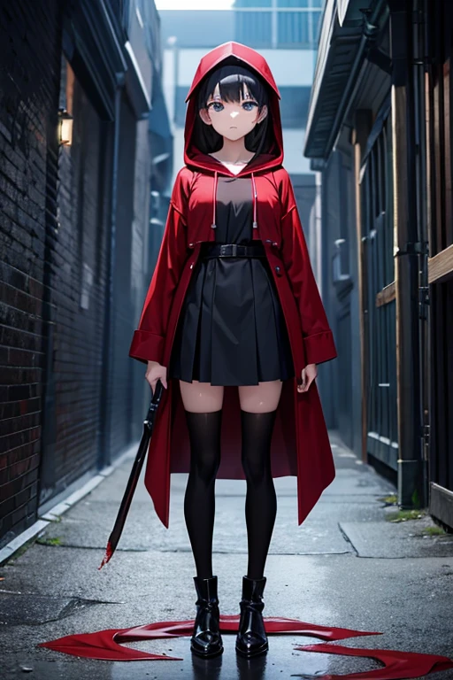 Anime Art、Full body portrait、Murder in the fantasy world、A woman around 150cm tall, around 13 years old, wearing a red hooded robe and a black dress, looking down and holding a large hatchet in one hand.、Black tights、Black Hair、Expressionless、Blue Eyes、boots、A long black skirt that reaches down to the ankles、Blood on the face
