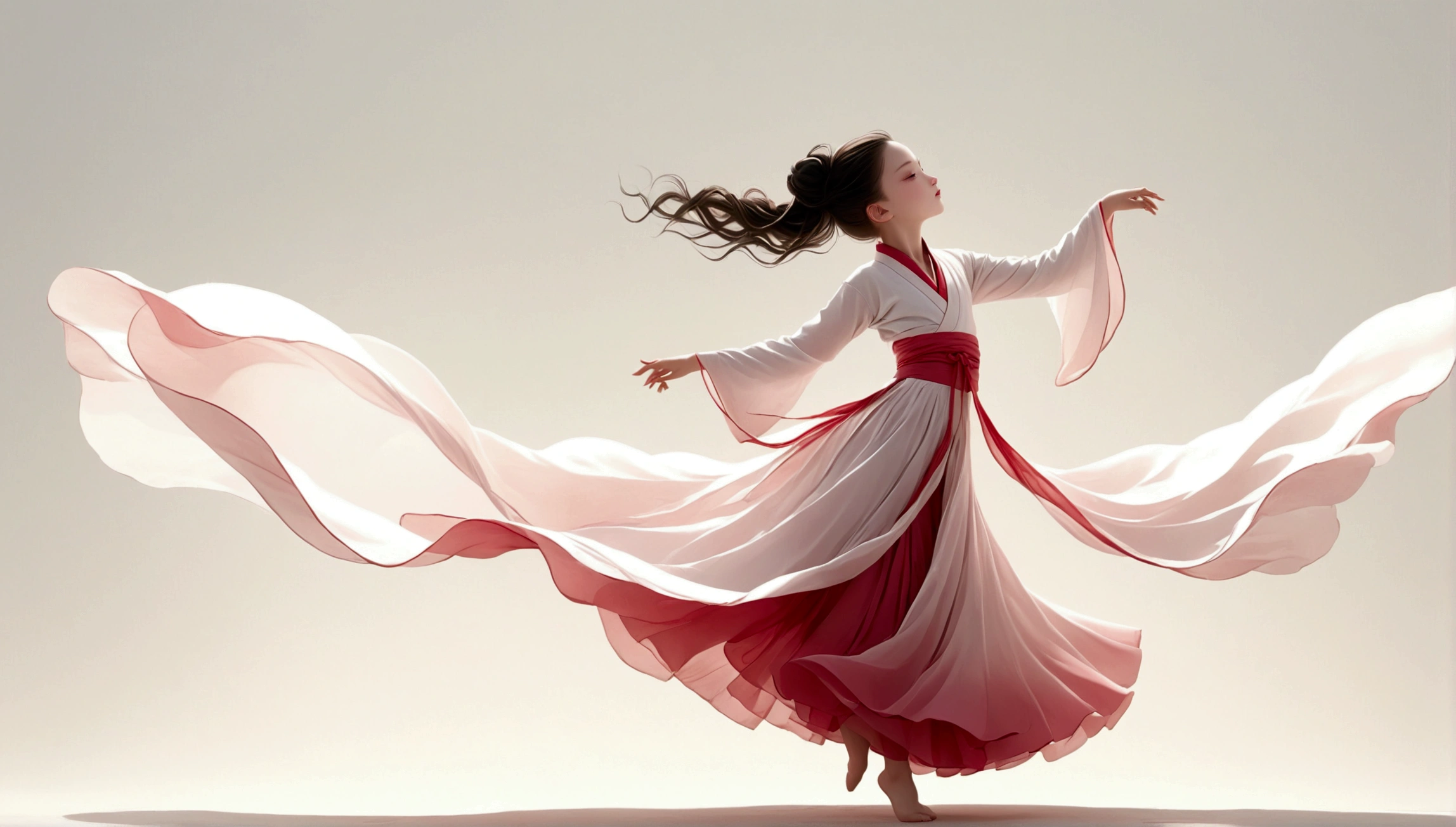Dance photography；A dancer，Solitary；A little girl in a gorgeous long dress，Princess dress，Chinese style skirt，pink，Conservative style，Smudged skirt hem；The movements of the dance；elegant，Flexible skirt；Long hair shawl。Full body view，front； Simple style；Minimalism。White background，Pure white background；Panoramic photography；Depth of Field, Extraordinary details, masterpiece, high quality, 4K，cinematic lighting, motion blur, depth of field, sparkle, ray tracing, reflection light, anatomically correct, uhd, textured skin, best quality, super detail, highres, high details, accurate, high quality, award winning。