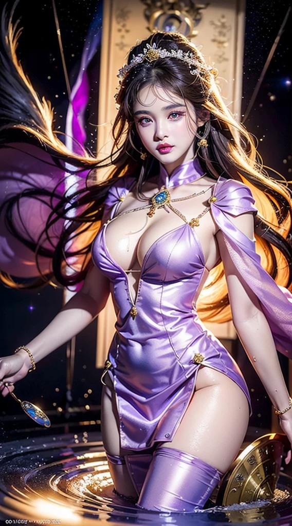 One 20-year-old girl, 1. Goddess Athena, Pink purple silk dress, The beautiful, flawless face of the goddess Athena, delicate yellow nightgown, Lots of sexy black lace detailing、Long sheer sequined nightgown, A beautiful pale red silk half veil, Legends of female saints, Icons of female saints, Beautiful goddess-like glitter, Dark and mysterious version, Vermilion lips, Plump red lips, ((口をclose:0.9)), Complete teeth, Symmetrical incisors, Bright white teeth, ((Angry face:0.8)), delicate and beautiful pino detailing, delicate and beautiful lip detail, (Pure and perfect face: 1.9), Female Eucharist, Round Breasts, 大きくてRound Breasts, Phoenix Brooch, Long, flat bangs, Long black hair, Beautiful, clear face and well-proportioned eyes, (Light purple eyes with transparent irises: 1.8), (Big round eyes and makeup, Sexy wet eye makeup, So beautiful、Careful hair and makeup, long and delicate blonde hair, delicate, Body image: 1.8), shape: Brilliant and, (The stars that make up the sky々: 1.7), (The Gate of Heaven and Imaginary Time and Space: 1.8), Imaginary art, RAW Photos, hanfu pictures, Best Photos, High resolution, 最high quality, Best Photos, Best Goddess Quality, 8k female, Super 8 Single Saint Portrait, The most true color scheme, masterpiece, Best Beauty Brands, Best Hair Jewelry, Brand real photo, Dark studio, Border Light, Two-tone lighting, (Rosy white skin: 1.4), (High skin detail: 1.1), 8k uhd, SLR, Soft Light, 8k, high quality, Frank, Smooth and sharp volume, 10x more pixels, Sexy Goddess, Sexy Goddess, (Background Space: 1.8), (The most beautiful aurora eye: 1.7), Beautiful Eyes, The aurora is beautiful and flower-like, (Beautiful single women: 1.8), (see here:0.8), close, Approaching the Goddess, Clear and unrealistic