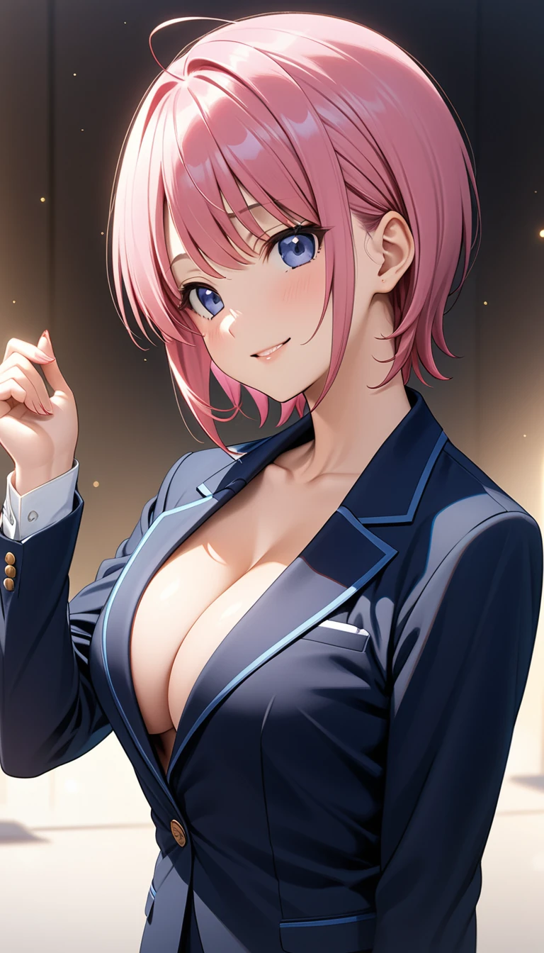 (Highest quality、Masterpiece、Very detailed、4K)、One Woman、、Pink Hair、short hair、(((Nakano Ichika)))、(Are standing)、((cleavage))、(((suit)))、smile