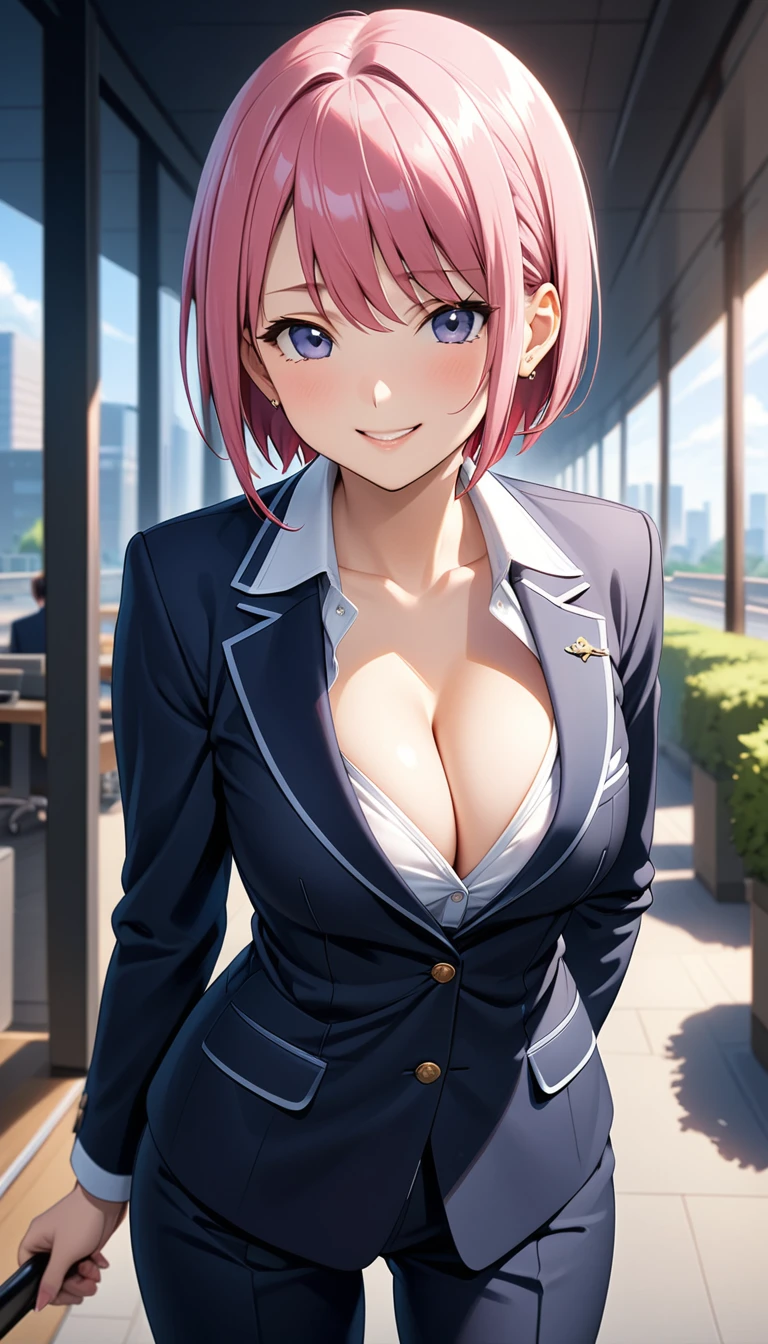 (Highest quality、Masterpiece、Very detailed、4K)、One Woman、、Pink Hair、short hair、(((Nakano Ichika)))、(Are standing)、((cleavage))、(((suit)))、smile