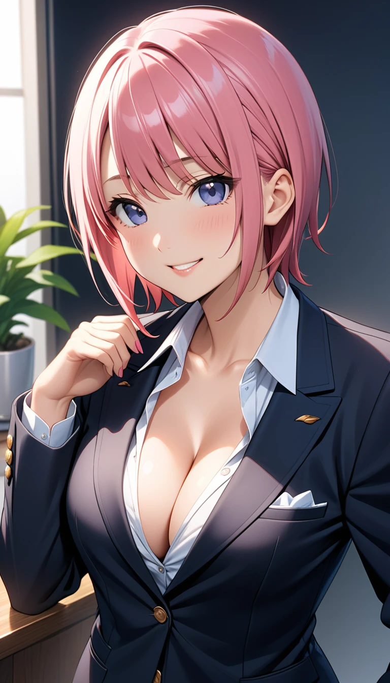(Highest quality、Masterpiece、Very detailed、4K)、One Woman、、Pink Hair、short hair、(((Nakano Ichika)))、(Are standing)、((cleavage))、(((suit)))、smile