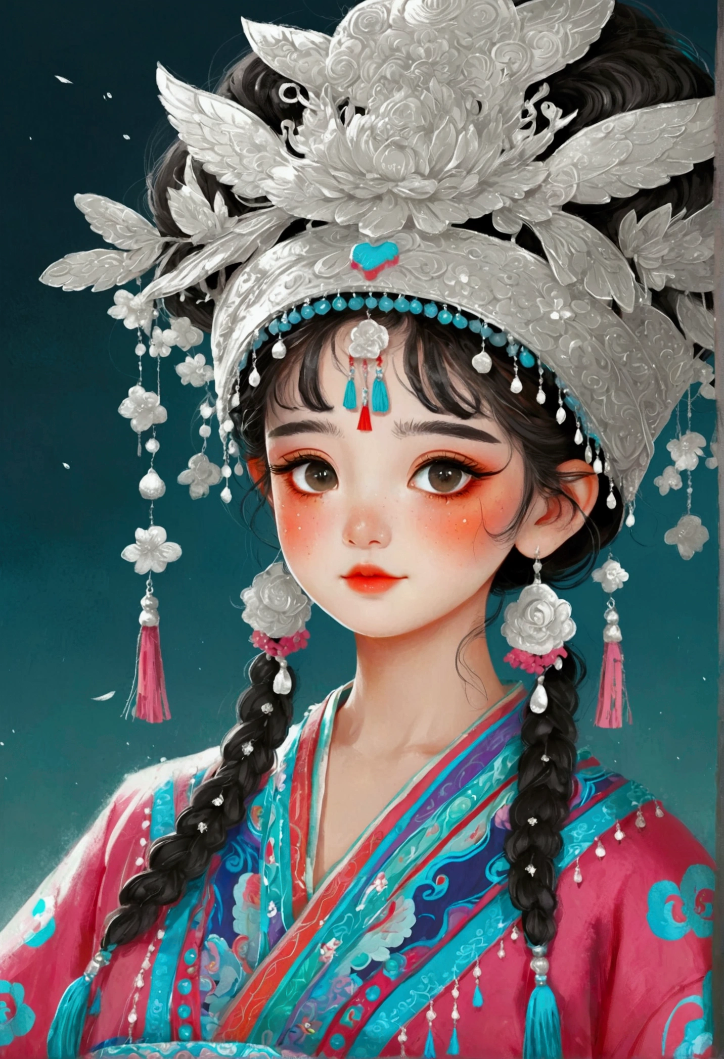 Cute girl wearing Chinese Miao costume,Tassel headdress， Lovely and detailed digital art, official art works, A beautiful artistic illustration, Lovely detailed artwork, high detailed official art works, Cute numbers, by Qu Leilei, Yu Zhiding, Popular on cgstation, traditional Chinese, Detailed digital anime art, guweiz style artwork, Beautiful character painting