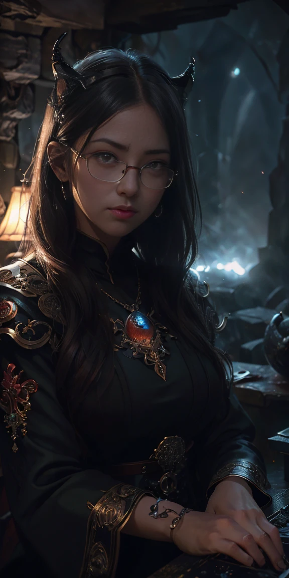 Are you okay、(Best illustrations)、8K UHD resolution、Intricate details、最high quality、Realistic、Ultra-detailed、Glasses、Best lighting、Best Shadow、Soft lighting、ultrahd、Dungeons and Dragon、cave、Dungeons、 Necromancer、night、Dark Style、Succubus、Devil's Daughter、Bat Wings,(((悪魔のホーンラック縁の丸Glasses))))、(((Huge boobs)))、(Devil's Tail)、(Red eyes glow:1.6)、masterpiece、Beautiful expression、Tyndall effect、Photo Real、(High Definition Skins:1.2)、8 time、Digital SLR、high quality、picture、High resolution、 Absurd、Ponytail Distortion、The optimal ratio is four fingers to one thumb、1 girl、hair ornaments、赤い輝くgemのネックレス、gem、Beautiful expression、Body Up、big breasts attention、Tight waist、Wide ass、Tyndall effect、Photorealistic、(High Definition Skins:1.2)、Pink Cat