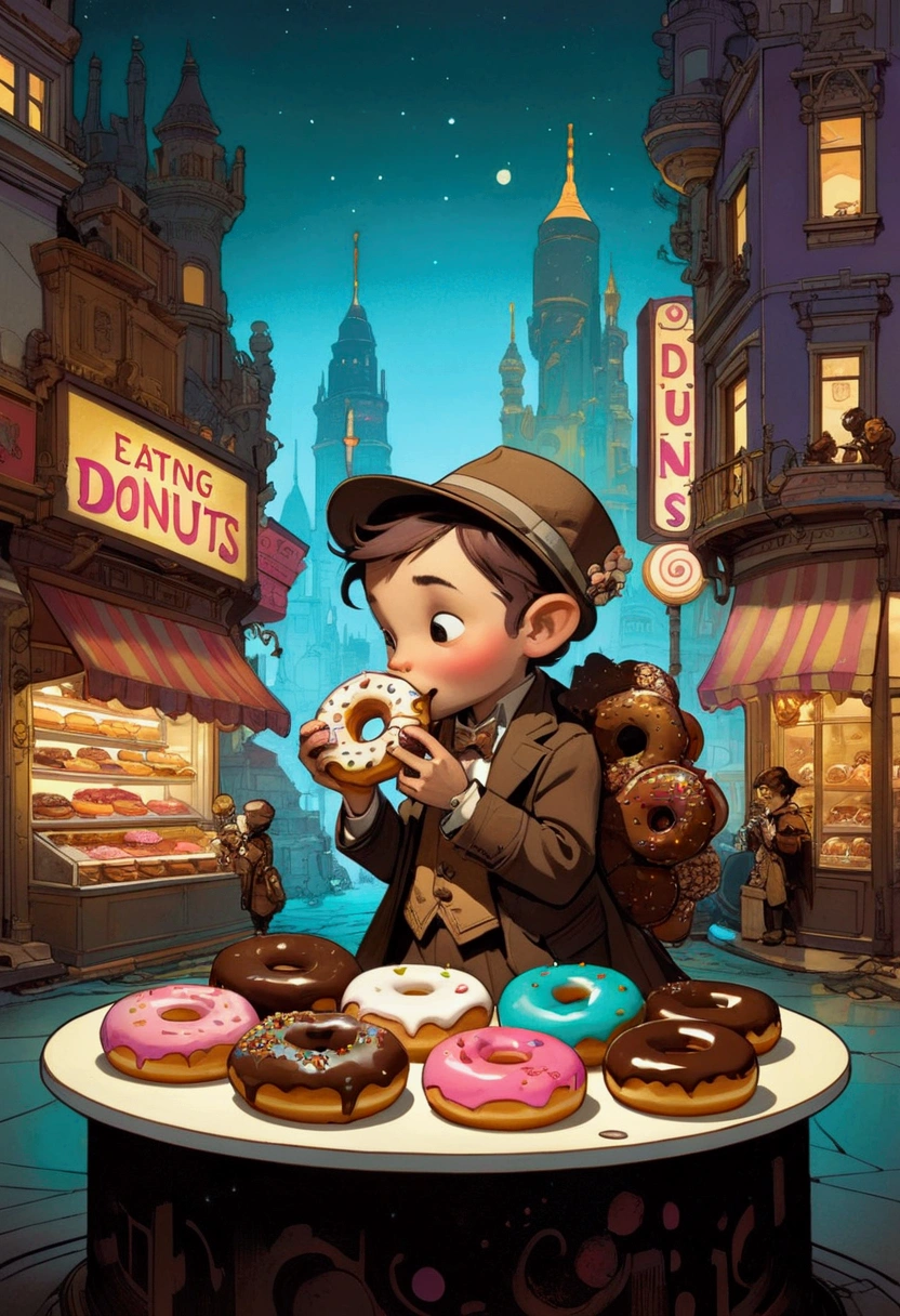 Eating Donuts, by Brian Kesinger, full body, cinematic still, (best quality, masterpiece, photorealistic), very aesthetic, perfect composition, intricate details, ultra-detailed, vivid colors