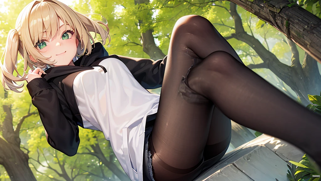 One girl,14 years old,Blonde,Very Short Bob,Black hoodie,Slightly long denim shorts,((80 denier black tights)),A cheerful smile,Green Eyes,Drooping eyes,outside,Sunlight filtering through the trees,Lush,Sun light,