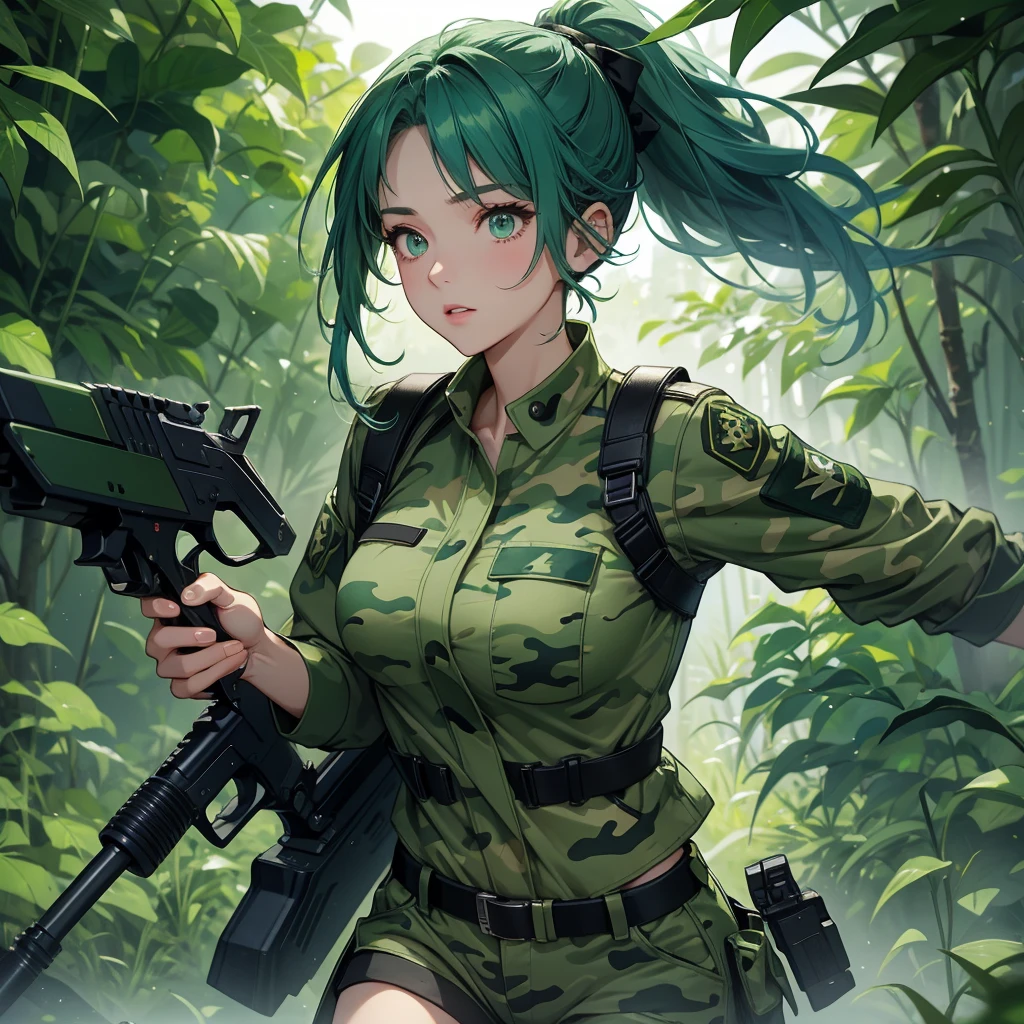 Blue Ponytail、Cool Beauty、Green camouflage military uniform、Green camouflage shorts、Big Breasts、Run at full speed、darkness、jungle、Highest quality