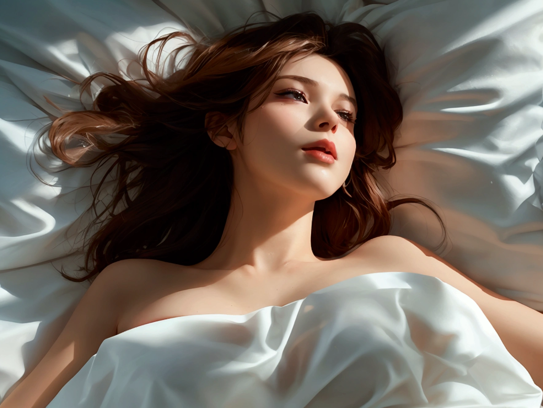 Create a sexy image of a beautiful woman lying naked on a bed, showing her pink nipples because she isn&#39;t wearing a bra., She spread her legs wide until she could see her penis, which was dripping semen., Breast size 32 inches with pink nipples., Her waist is 24 inches., Her hips are 33 inches., Her skin was bright and white., And her figure was slim and slightly muscular..