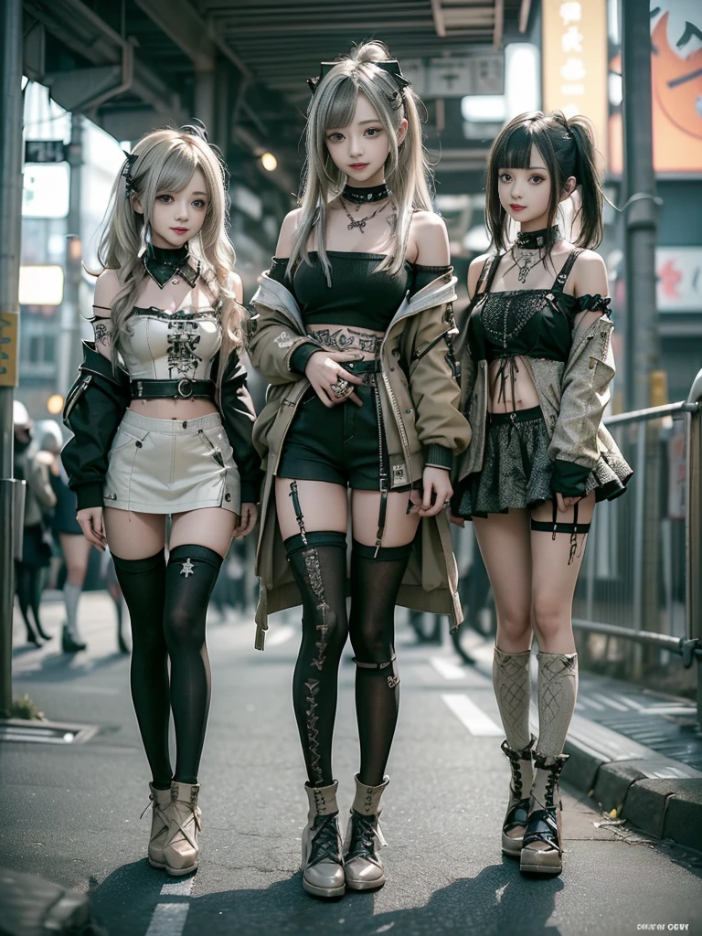 (Three Girls, 3 girls:1.5)、(Full Body View:1.2)、(Smiling with teeth showing:1.3),(Shibuya Gal:1.5)、(Beautiful gravure model:1.5)、(Neo-goth fashion:1.5)、(Punk RockVisual Kei:1.5)、(An off-the-shoulder hoodie in olive and beige colors, adorned with delicate silver accessories.:1.5)、(Beige and white corset with delicate design:1.4)、(Olive and white snakeskin bodysuit:1.5)、(head band:1.3)、(Beige and olive knee socks:1.4)、Embellished collar and long boots、(I&#39;m selling snake print underwear.:1.4)、(Long eyelashes:1.3)、(20-year-old)、((Highest quality、8k、masterpiece:1.3))、Slim and beautiful abs:1.3、(hairstyle casual、Beautiful boobs:1.1)、(Doing an aerobics pose:1.3)、dress:1.1、Super small face、Narrow eyes、double eyelid、A sloppy smile、Esbian all over body、Dynamic Angle、Close-up、CPL Filter、Blurred Background、Bokeh、Blue Hour、Detailed face and skin texture、Detailed eyes、,(Twin tails:1.3)、(Black brown hair:1.3)、Gravure idol、(The background is a bright and glamorous fashion show stage.:1.3)、(Make your legs thinner:1.4)、(Slim Body:1.3)、(clavicle:1.1)
