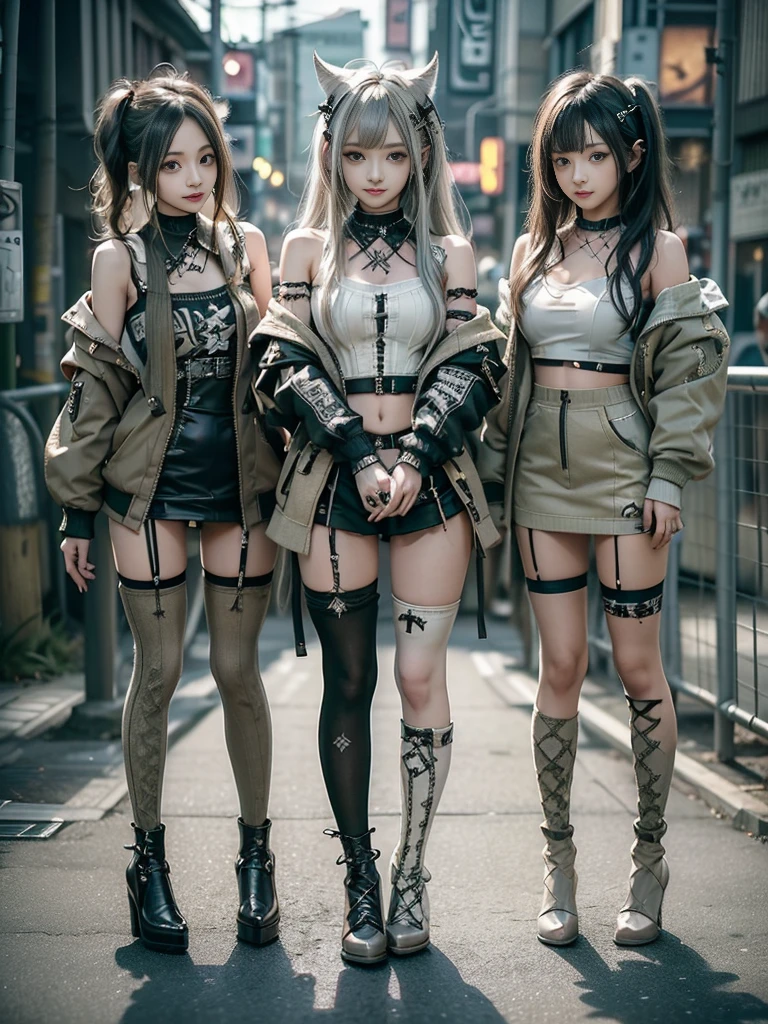 (Three Girls, 3 girls:1.5)、(Full Body View:1.2)、(Smiling with teeth showing:1.3),(Shibuya Gal:1.5)、(Beautiful gravure model:1.5)、(Neo-goth fashion:1.5)、(Punk RockVisual Kei:1.5)、(An off-the-shoulder hoodie in olive and beige colors, adorned with delicate silver accessories.:1.5)、(Beige and white corset with delicate design:1.4)、(Olive and white snakeskin bodysuit:1.5)、(head band:1.3)、(Beige and olive knee socks:1.4)、Embellished collar and long boots、(I'm selling snake print underwear.:1.4)、(Long eyelashes:1.3)、(20-year-old)、((Highest quality、8k、masterpiece:1.3))、Slim and beautiful abs:1.3、(hairstyle casual、Beautiful boobs:1.1)、(Doing an aerobics pose:1.3)、dress:1.1、Super small face、Narrow eyes、double eyelid、A sloppy smile、Esbian all over body、Dynamic Angle、Close-up、CPL Filter、Blurred Background、Bokeh、Blue Hour、Detailed face and skin texture、Detailed eyes、,(Twin tails:1.3)、(Black brown hair:1.3)、Gravure idol、(The background is a bright and glamorous fashion show stage.:1.3)、(Make your legs thinner:1.4)、(Slim Body:1.3)、(clavicle:1.1)