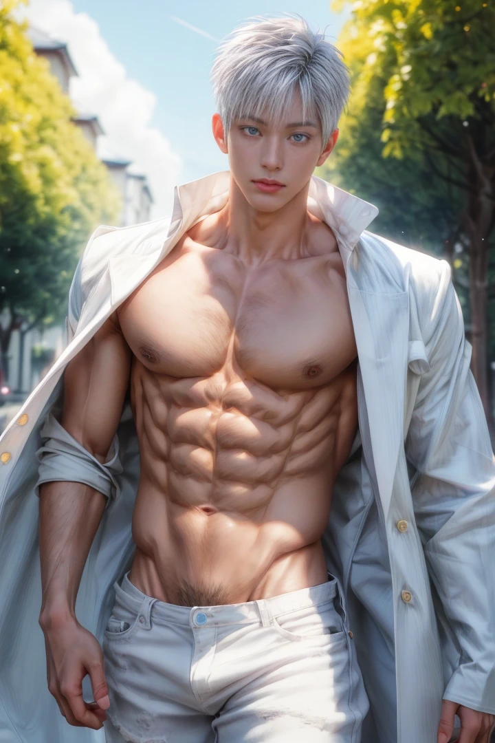 Japanese male model, adult, handsome, perfect face, detailed eyes and face, clean shaved, sixpack realistic, white eyebrow hair, white eyelashes, dynamic lighting, unreal engine 5, hd picture, satoru gojo, white hair, short hair ,hair between eyes ,blue eyes, white skin, Short jeans