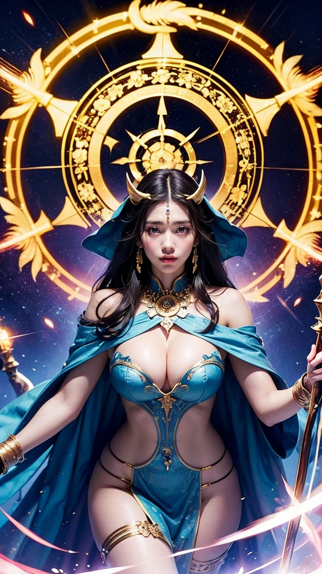 Depict Soraka in her 'Arcane Sage' skin, dressed in an elaborate, massive k-cups,mystic robe with arcane runes and a glowing staff. Soraka is casting her 'Equinox' ability, creating a magical, pulsating shield of energy around her and her allies. The scene shows swirling arcane symbols and a protective barrier that shimmers with mystical light.