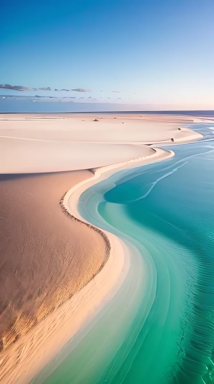 Create a breathtaking image of a deep blue clean empty morning sky abowe sea. the most perfect desert on the world - Lençóis Maranhenses National Park, intimidating floating sand.stunning photoshot,
