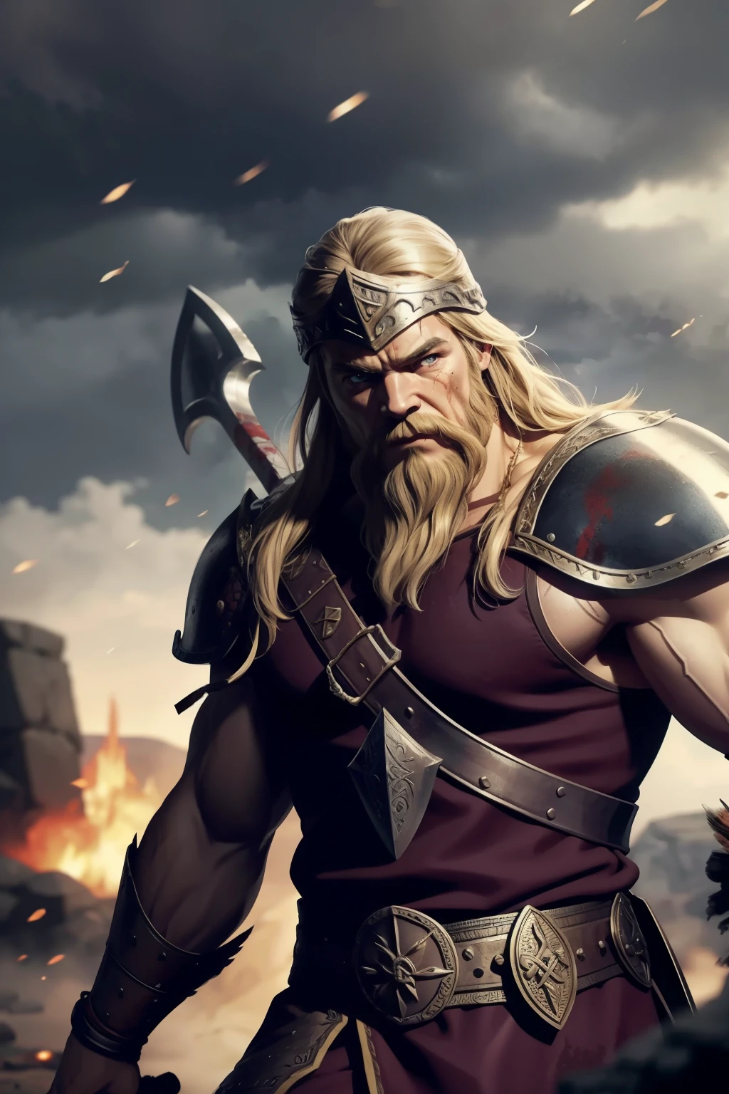 viking, breaking through, ancient stone wall, axes gleaming, dramatic, high resolution, ultra-detailed, sfx, magnificent, historical, (realistic:1.3), low-angle shot, viking warrior's helmet, muscular physique, beard, defined abs, blood-streaked, determined expression, dust and debris flying, epic battle scene, dynamic lighting, dramatic backdrop, (masterpiece:1.4), wallpaper-worthy.