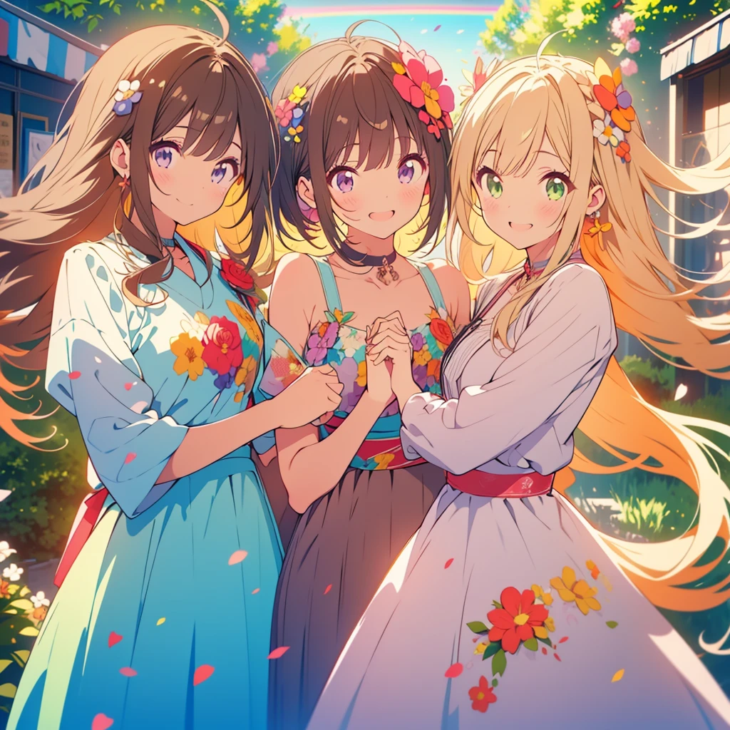 kawaii, anime, Cute, hyper quality, highly detailed, 8k, Clarity, Draw facial expressions in detail, Girl with long dark brown hair and green eyes, Girl with long blonde hair and purple eyes, hold hands, smile and laugh, celebration, bouquet, clear sky, a rainbow appears, surrounded by colorful flowers, rainbow colored dress, Rich in color, colorful, pastel colour, 