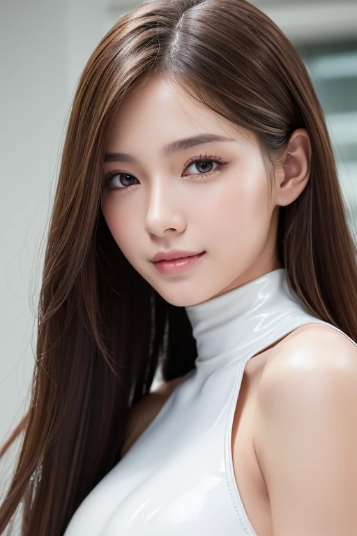 Latex bodysuit、Knee-high boots、Huge 、Long brown hair、Shiny, Oily skin、Glowing Skin、Indoor competition pool、White skin、Flying debris, Highest quality, Realistic, Very detailed, finely, High resolution, 8K デンデ wallpaper, One beautiful woman,, Light brown messy hair, Wear a business suit, Sharp focus, Perfect dynamic composition, Beautiful and detailed, Detailed Hair, Detailed Realistic skin texture, smile, Close-up portrait, Model body type