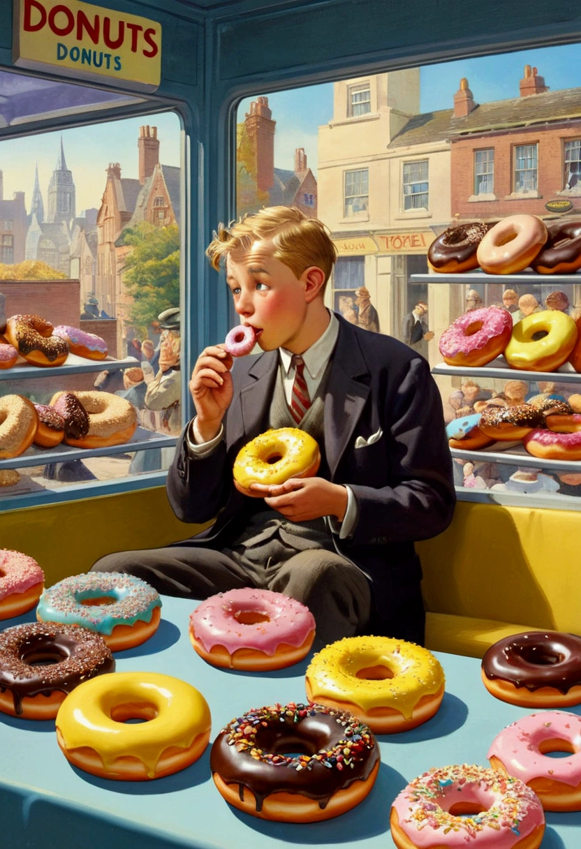 Eating Donuts, by Richard Scarry, full body, cinematic still, (best quality, masterpiece, photorealistic), very aesthetic, perfect composition, intricate details, ultra-detailed, vivid colors