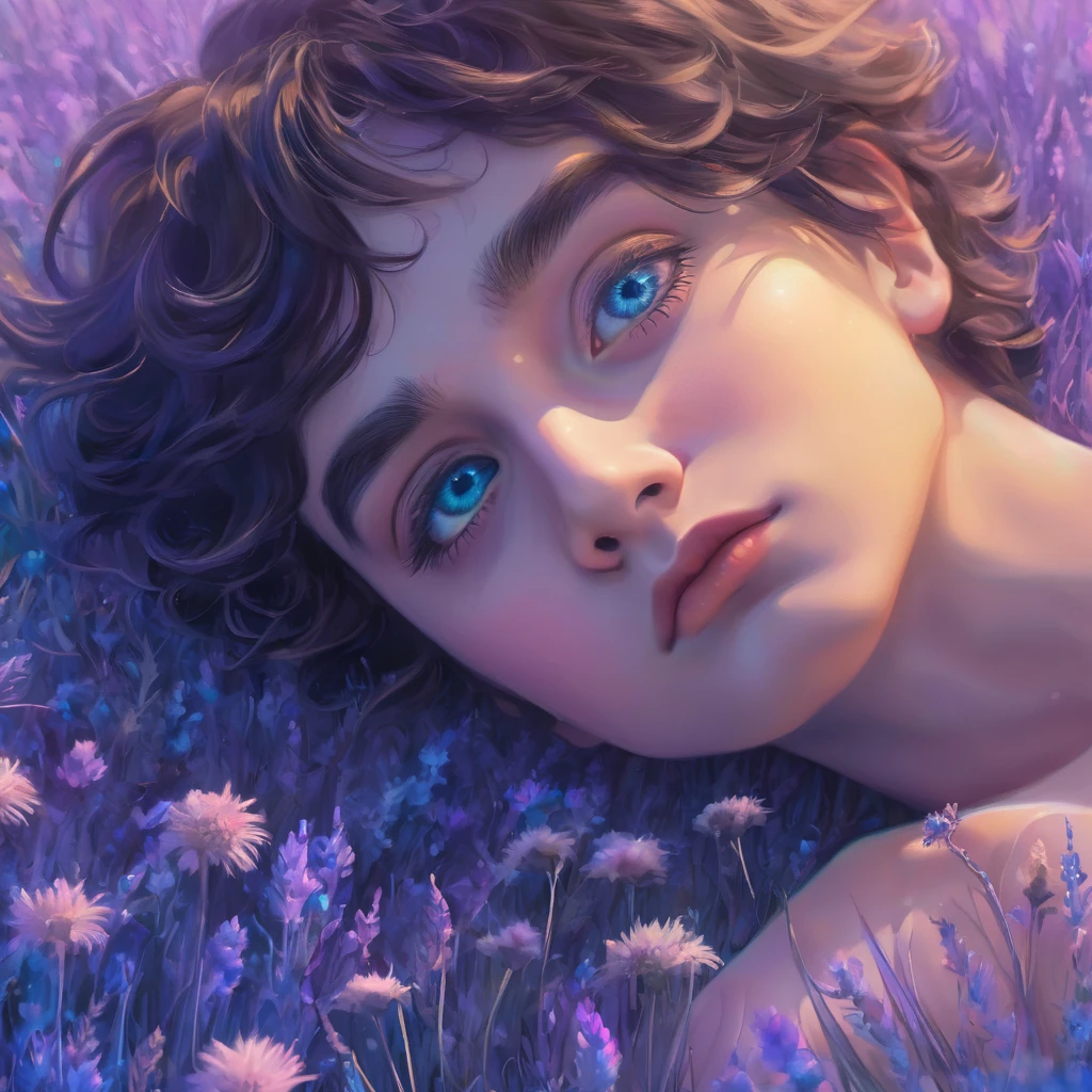 a boy lying on a blurred, hazy blue and purple meadow, beautiful detailed eyes, beautiful detailed lips, extremely detailed eyes and face, long eyelashes, surreal, dreamlike, ethereal, (best quality,4k,8k,highres,masterpiece:1.2),ultra-detailed,(realistic,photorealistic,photo-realistic:1.37),cinematic lighting,vibrant colors,soft pastel palette,dramatic composition,introspective mood,digital illustration,concept art