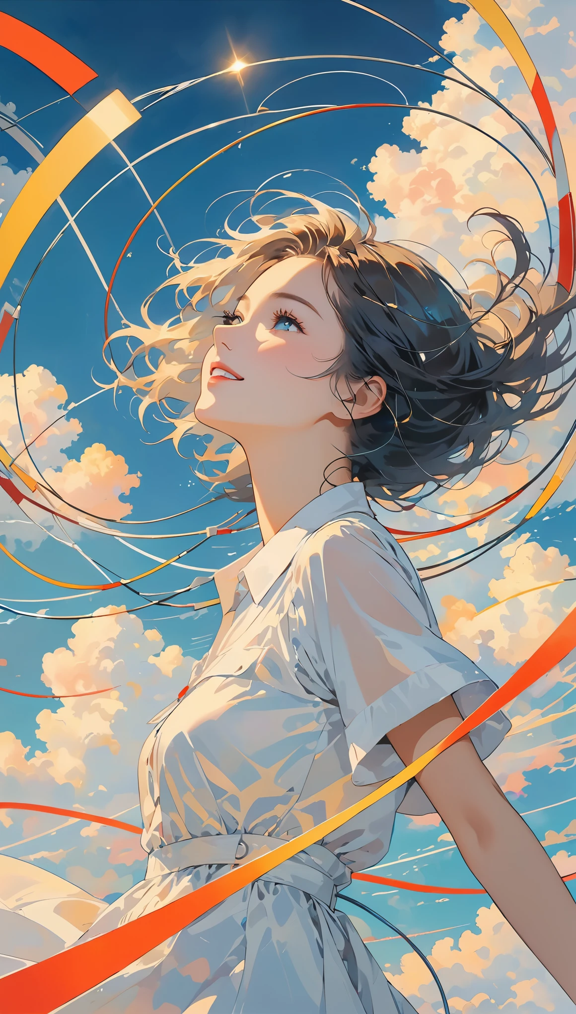 masterpiece, best quality, Stills, 1 Girl, Floating in the air, cloud girl, cloud, (close up:1.1), bright, Happy, pleasure, Soft lighting, (Bauhaus, shape, Wire, Abstract:1.1)