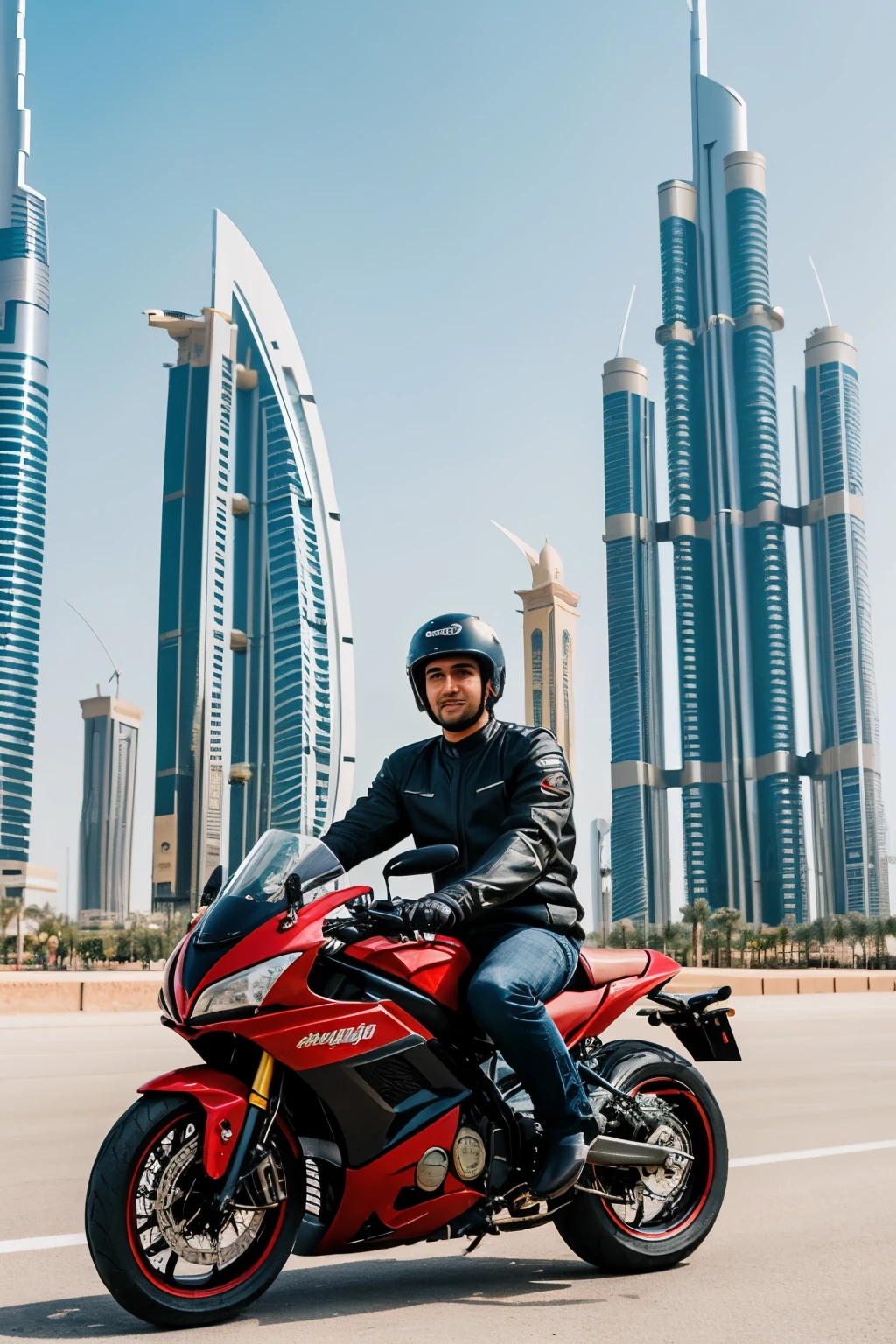 a man sit on motorcycle with dubai helmet and background dubai famous buildings