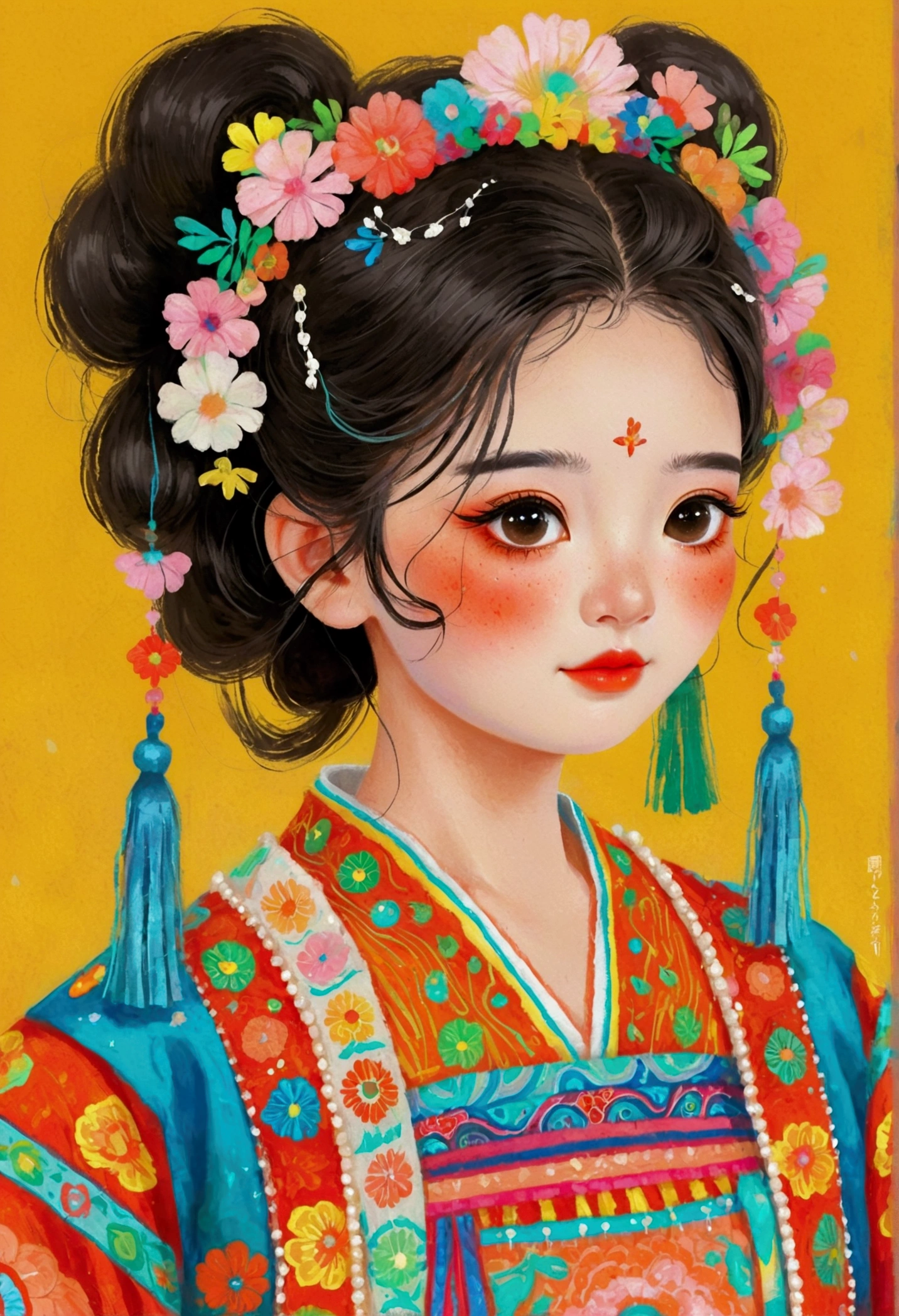Pastel Art:Cute girl wearing Chinese Miao costume,Tassel headdress,short hair, Lovely and detailed digital art, official art works, A beautiful artistic illustration, Lovely detailed artwork, high detailed official art works, Cute numbers, by Qu Leilei, Yu Zhiding, Popular on cgstation,