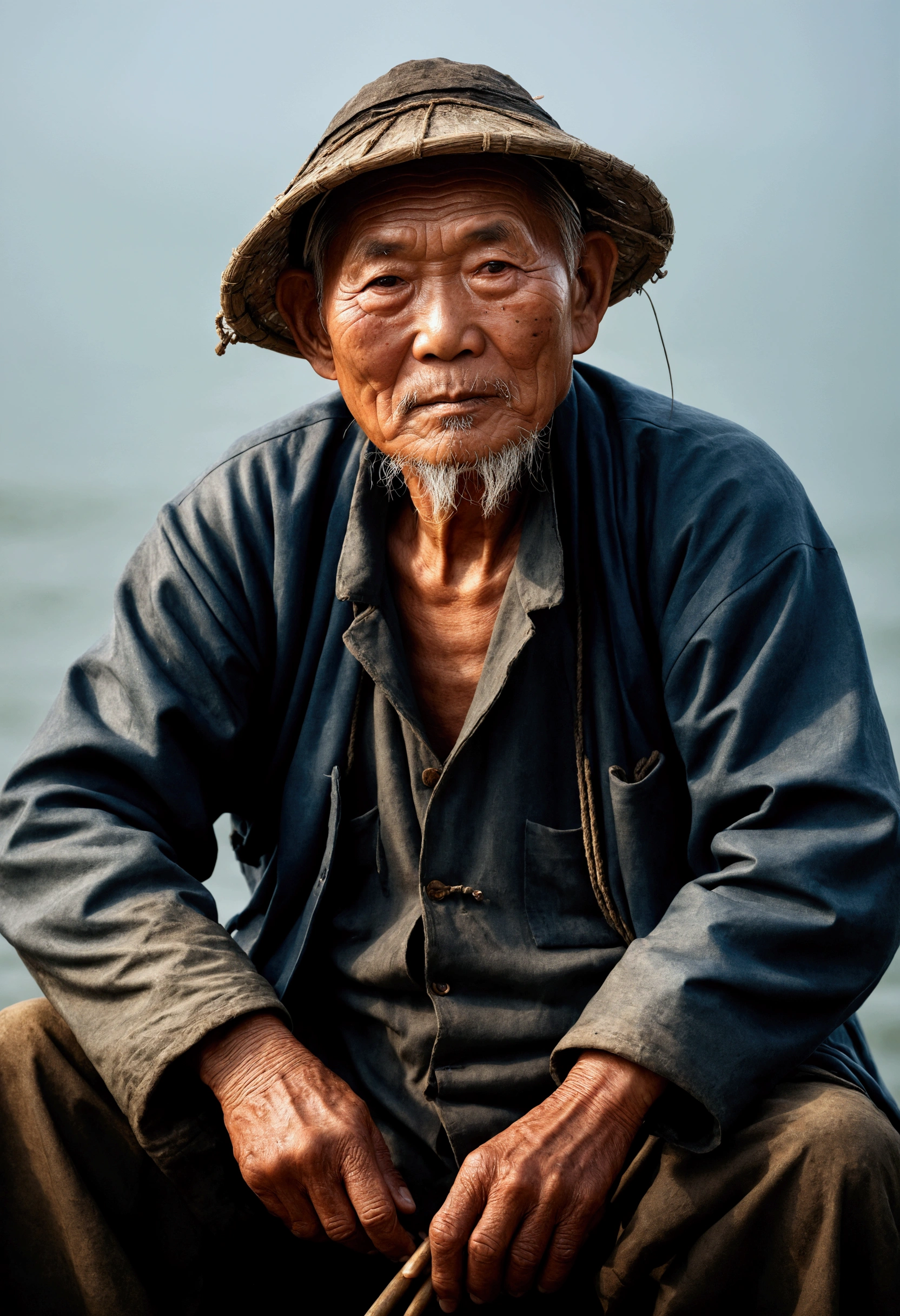 China-style，Old fishermen，Portrait works，Photographic works，Ultimate detail，Reasonable composition，tmasterpiece，high-class，figure portrait，8K，Movie light source，high qulity，