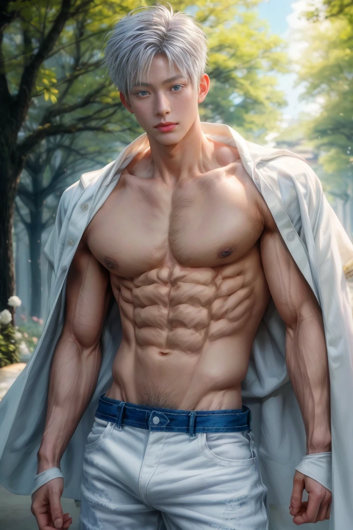Japanese male model, adult, handsome, perfect face, detailed eyes and face, clean shaved, sixpack realistic, white eyebrow hair, white eyelashes, dynamic lighting, unreal engine 5, hd picture, satoru gojo, white hair, short hair ,hair between eyes ,blue eyes, white skin, Short jeans