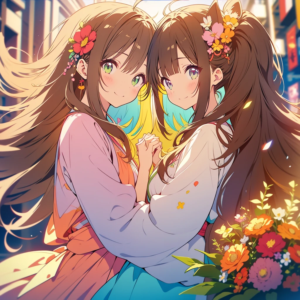 kawaii, anime, Cute, hyper quality, highly detailed, 8k, Clarity, Draw facial expressions in detail, Girl with long dark brown hair and green eyes, Girl with long blonde hair and purple eyes, hold hands, smile and laugh, celebration, bouquet, clear sky, Only two people are drawn, surrounded by colorful flowers, rainbow colored dress, Rich in color, colorful, Blur the background, pastel colour, 
