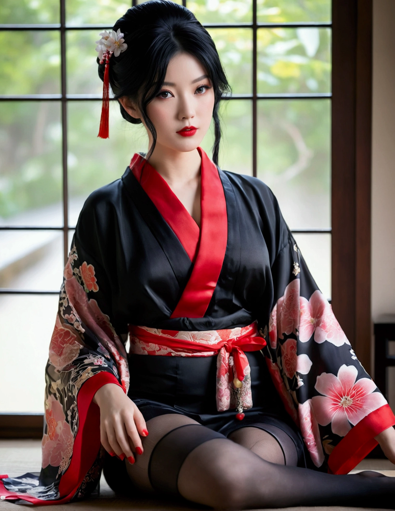 black hair, , Upper body, kimono, kimono, sash, compensate, lipstick, red nails, ,silk stockings , See-through hakama, ,ankle ,See-Through,, black nylon , silk stockings ,See-through、Plain,sheer ,enamel ,long hair