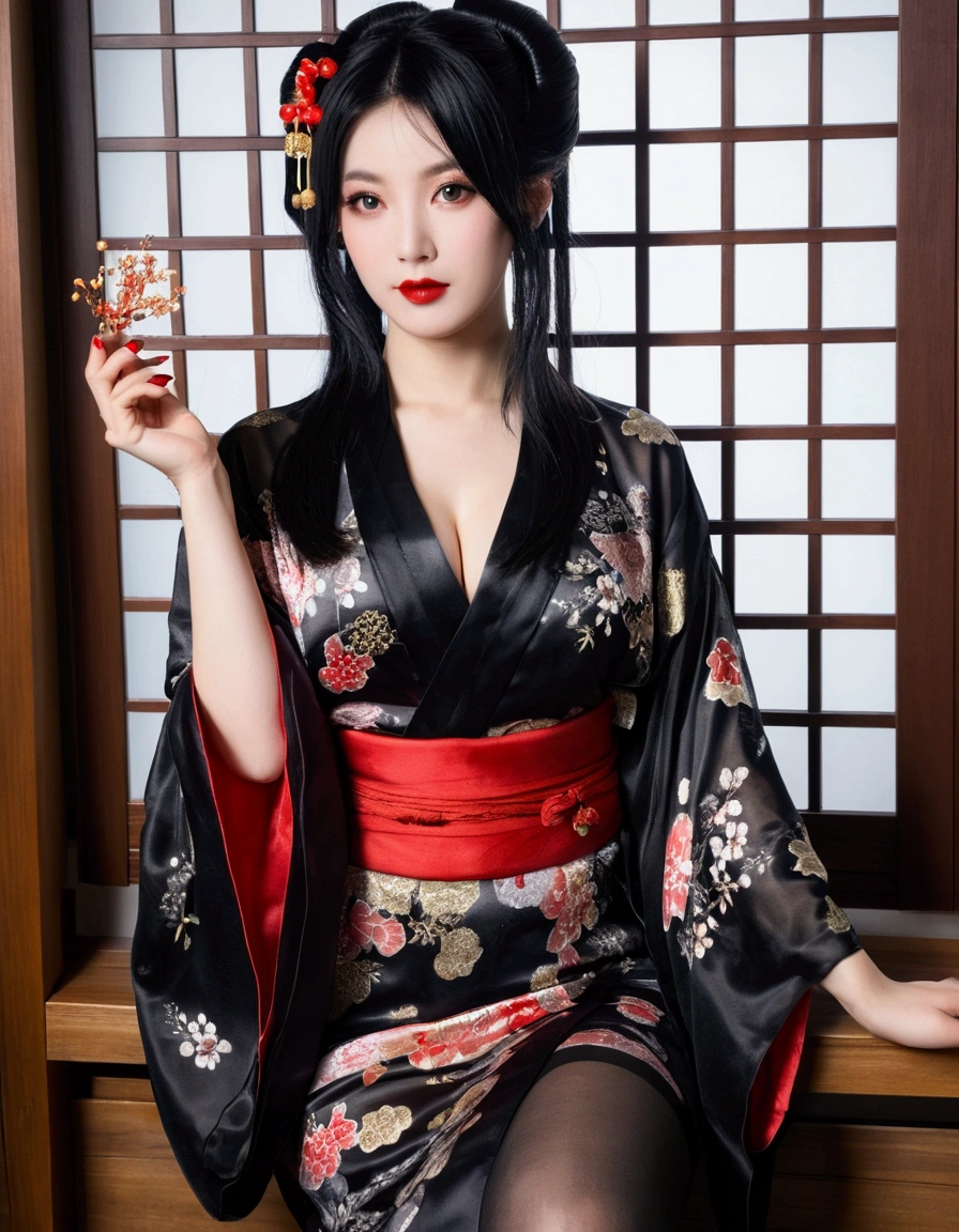 black hair, , Upper body, kimono, kimono, sash, compensate, lipstick, red nails, ,silk stockings ,　See-through hakama， ，ankle　,See-Through,, black nylon , silk stockings ,See-through、Plain,sheer ,enamel ,long hair