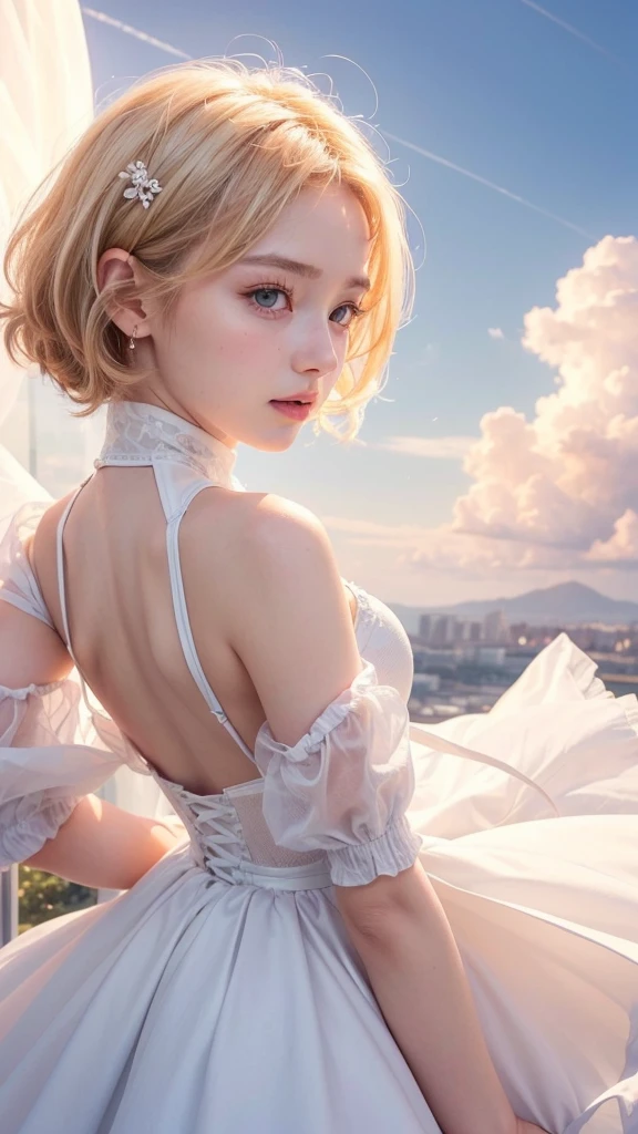 (A beautiful girl in a white dress is looking at the sunset on an observation deck with a beautiful view)、cumulonimbus、(14-year-old girl、Idol Face、Baby Face:1.5)、Short Blonde Hair、(Hair and skirt fluttering in the wind:1.3)、Cute Face、Beautiful back、Beautiful breasts、Beautiful eyes wide open、high nose、Moisturizing lips、((Tight waist:1.2))、(Detailed eyes and face:1.2、Professional photography techniques)、(Highest quality、Highest quality、Masterpiece、Ultra high definition、Reality:1.37)