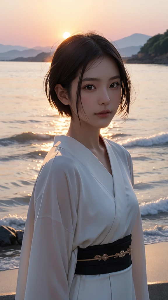 Japanese women、Clothes that do not expose skin、Close-up of face、Sunset、short hair