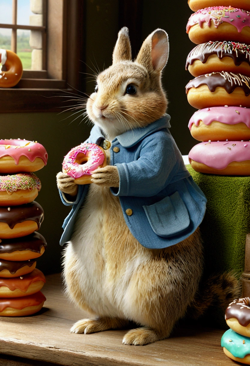 Eating Donuts, by Beatrix Potter, full body, cinematic still, (best quality, masterpiece, photorealistic), very aesthetic, perfect composition, intricate details, ultra-detailed, vivid colors