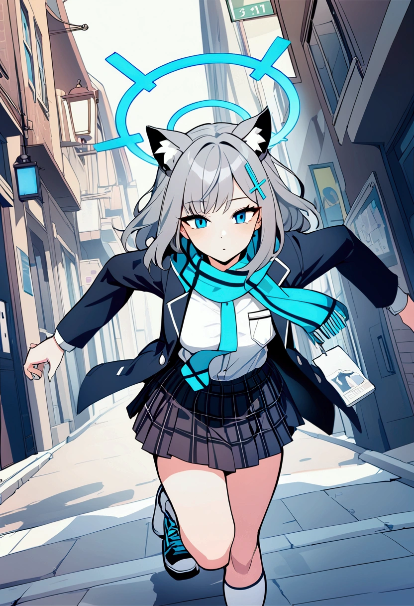 score_9, score_8_up, score_7_up,source_anime,best quality,masterpiece,aesthetic,very aesthetic,anime style,anime_coloring,1girl, shiroko \(blue archive\), blue archive、blue eyes, grey hair, hairclip, animal ears, halo, scarf, jacket, white shirt, necktie, plaid skirt, white socks, sneakers,,canted angle,,(running),(street,dynamicangle,motionlines),upperbody
