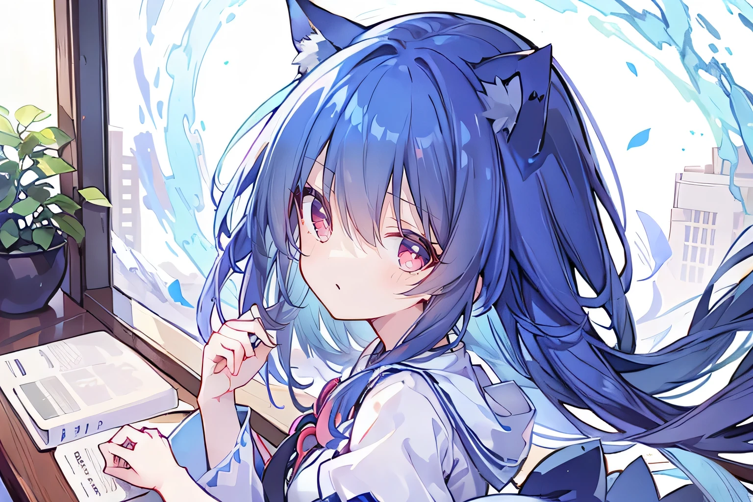 (Masterpiece:1.2),Ultra-detailed,lifelike,The eyes are expressive,Fair skin,Perfect face shape,1 girl,Japanese Manga,Gorgeous blue hair,Flowing blue hair,Flowing clothes,Cat ears,Petals falling,Smile,Tokyo background,background,heavy snow,winter.Highest quality,perfect face,sitting on window sill drinking coffee and looking out the window.