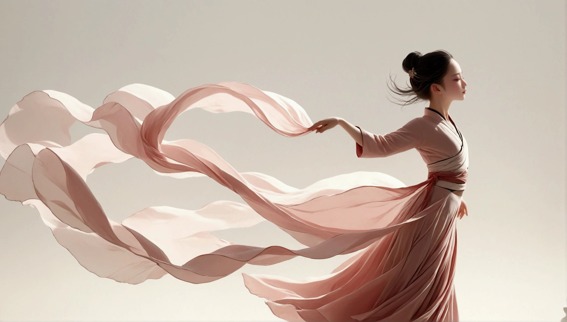 Dance photography;A dancer,Solitary;A in a gorgeous long dress,Princess dress,Chinese style skirt,pink,Conservative style,Smudged skirt hem;The movements of the dance;elegant,Flexible skirt;Long hair shawl。Full body view,front; Simple style;Minimalism。White background,Pure white background;Panoramic photography;Depth of Field, Extraordinary details, masterpiece, high quality, 4K,cinematic lighting, motion blur, depth of field, sparkle, ray tracing, reflection light, anatomically correct, uhd, textured skin, best quality, super detail, highres, high details, accurate, high quality, award winning。