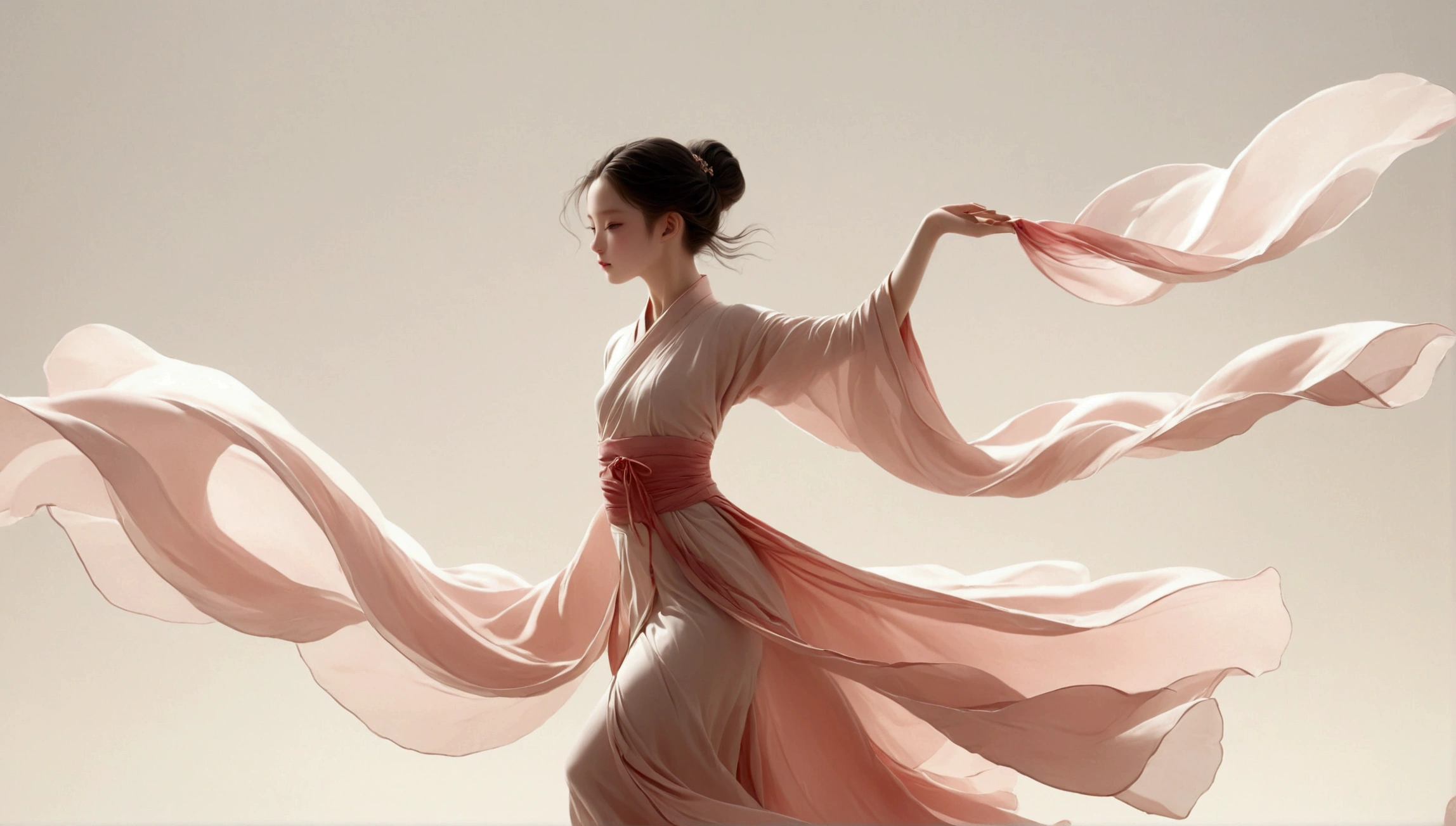 Dance photography;A dancer,Solitary;A in a gorgeous long dress,Princess dress,Chinese style skirt,pink,Conservative style,Smudged skirt hem;The movements of the dance;elegant,Flexible skirt;Long hair shawl。Full body view,front; Simple style;Minimalism。White background,Pure white background;Panoramic photography;Depth of Field, Extraordinary details, masterpiece, high quality, 4K,cinematic lighting, motion blur, depth of field, sparkle, ray tracing, reflection light, anatomically correct, uhd, textured skin, best quality, super detail, highres, high details, accurate, high quality, award winning。