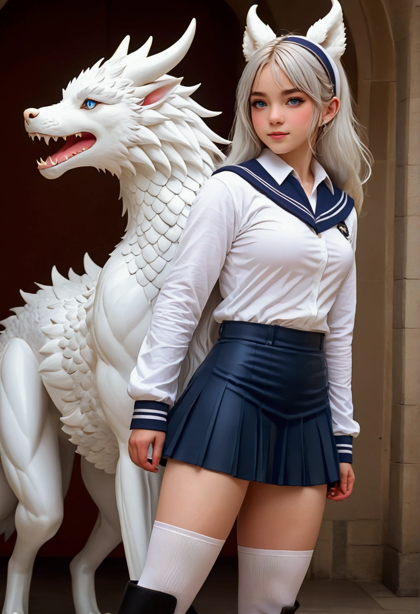 8k, resolution, high quality, high resolution, best quality, extremally detailed, best resolution, absurd resolution, ray tracing, high detailed, masterpiece, extremely detailed,shoulder length white hair, female,2 white wolf ears, age girl, dense athletic body, white scale dragon tail,black boots,black leggings, navel blue school skirt, sailor shirt, white jacket, medium size chest, detailed blue eyes, detailed beautiful face,solo female,1 dragon tail, detailed eyes, dragon tail, white scales,