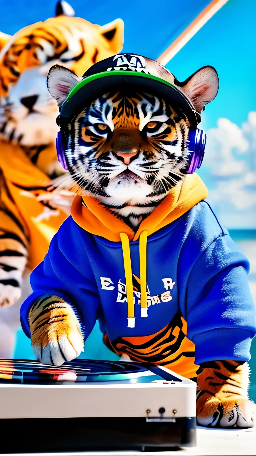 (1 cute baby-tiger) ,(first-born-tiger), (tiger wearing hip-hop clothes and Fancy headphones),  (including a cap and oversized hoodie), BREAK, (performing a DJ set at a stylish seaside DJ booth during a sunny day),  The scene is highly detailed and realistic, (with the tiger cub energetically mixing tracks on turntables), while the vibrant blue sea and clear sky form a picturesque background.