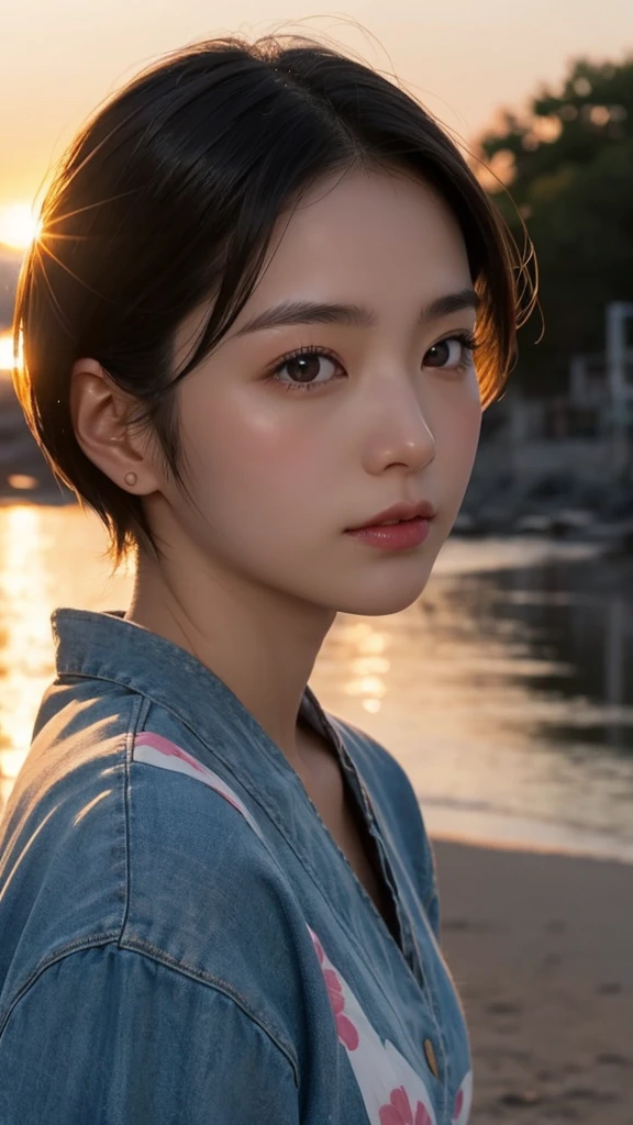 Japanese women、Clothes that do not expose skin、Close-up of face、Sunset、short hair