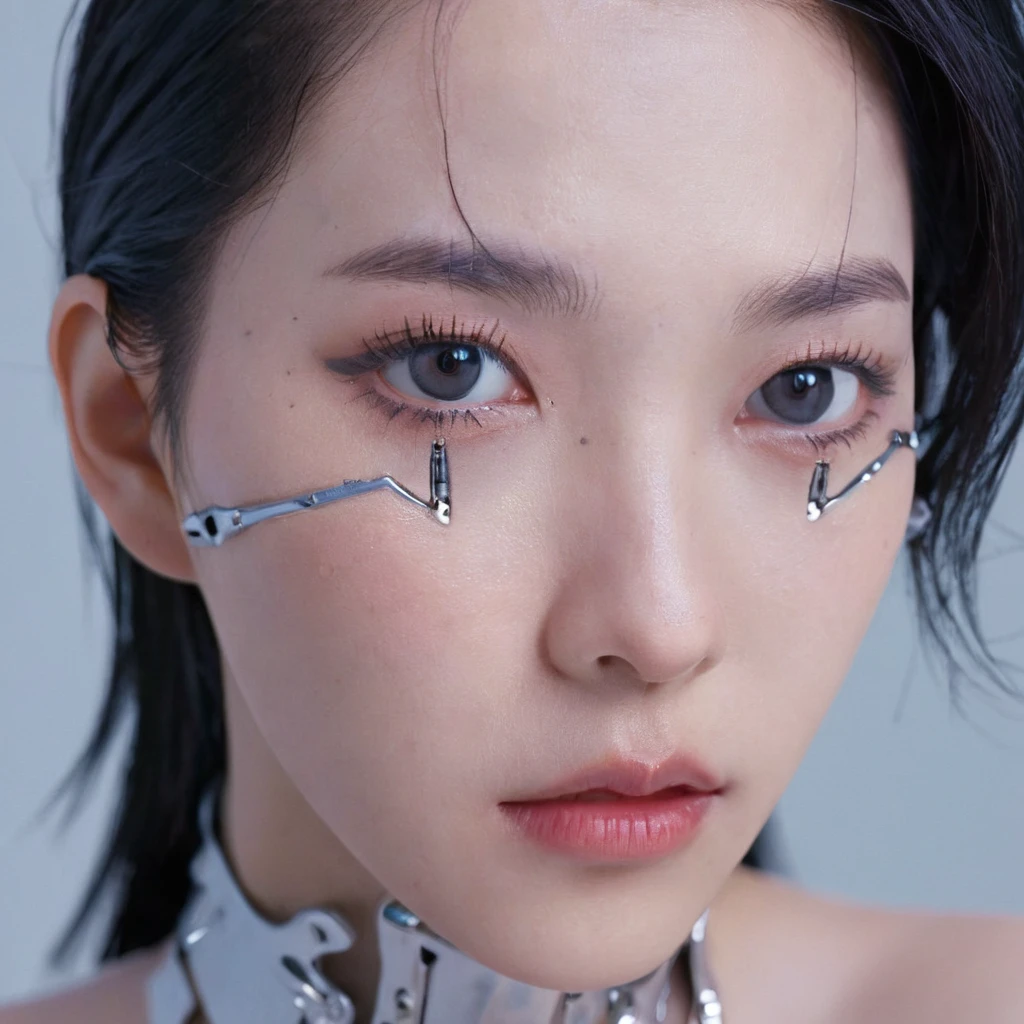 A stunning 4K photo-realistic image of a cyberpunk demi-human girl with an Asian face. Her visage is adorned with intricate machine implants, including a sleek silver visor that covers her eyes, revealing only a small slit for vision. These implants enable advanced sensory input and communication with her cybernetic systems.

Her skin is pale, with visible scars that tell a story of her past battles and a faint line where her flesh meets the cold metal of her implants. The seams are barely noticeable, indicating skilled integration between her organic and mechanical components.

Her hair is black, spiked up in an aggressive yet stylish manner. Small LED lights are integrated into the strands, flickering with various colors to match her mood. The hair is a statement piece, reflecting her rebellious spirit. The overall atmosphere of the image is captivating, photo, her body is embedded with mechanical implants under the skin, cyborg arms,  cyberware lines embedded in her face, , (Photorealsitic)、(intricate detailes:1.2)、(​masterpiece、:1.3)、beauty face, (top-quality:1.4)、(超A high resolution:1.2)、超A high resolution、(A detailed eye)、(detailed facial features), ((Realistic lighting、top-quality、8K、natural light, ​masterpiece:1.3))、bright photo, Clear focus:1.2、1girl in、flawless beauty:1.4、Superfine Face、big Narrow-eyed、double eyelid、photos realistic, perfect eyes, perfect skin, detailed skin, detailed face, looking viewer, front view, potrait, raw photo, simple soft pink background, (intricate detailed skin textured:1.4) front view, looking viewer, clear face, 1 girl、porate、Bright and very beautiful face、beautiful girl, A stunning close-up portrait showcasing the beauty of a Korean model. The composition features soft, natural lighting , bright eyes, and striking cheekbones.