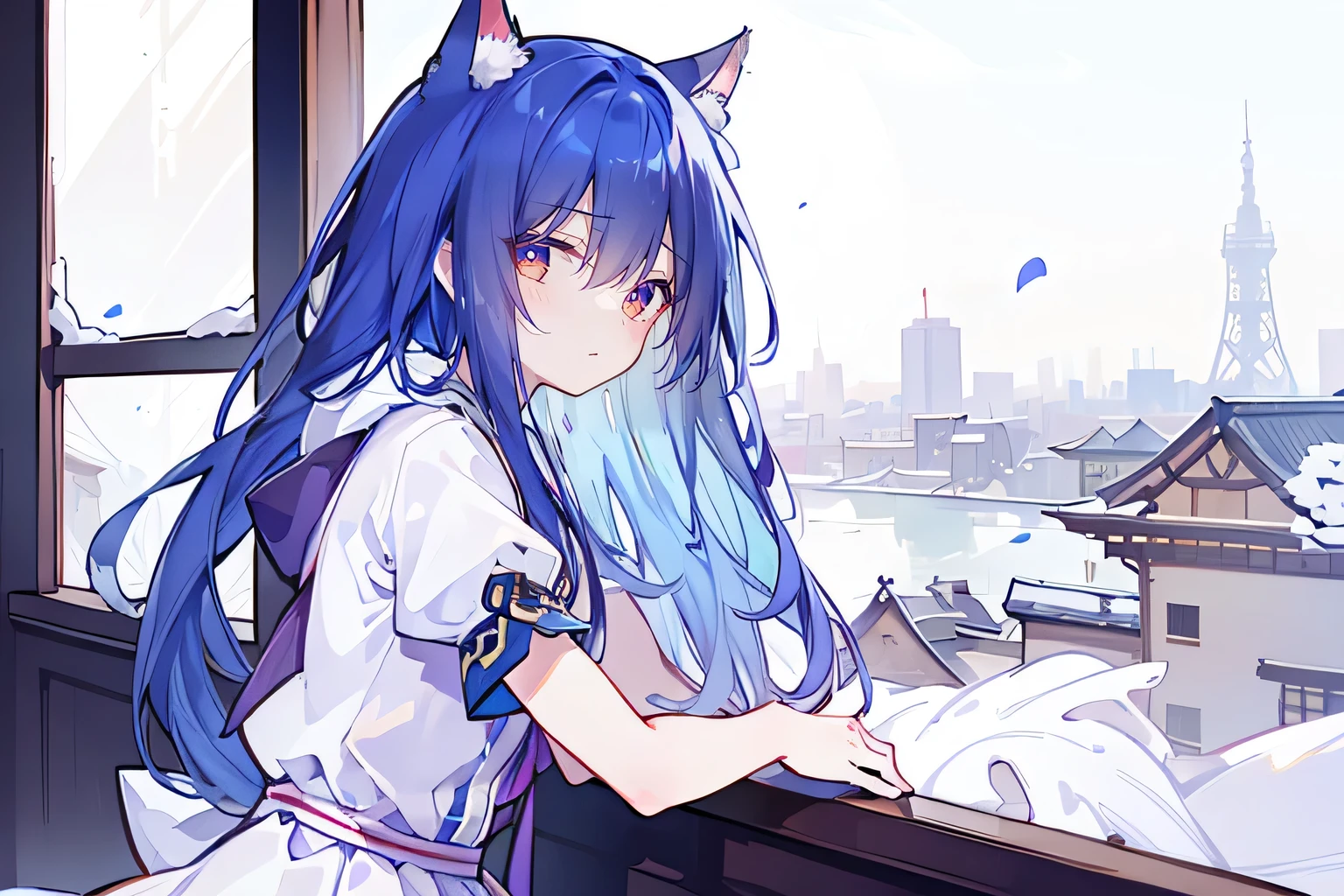 (Masterpiece:1.2),Ultra-detailed,lifelike,The eyes are expressive,Fair skin,Perfect face shape,1 girl,Japanese Manga,Gorgeous blue hair,Flowing blue hair,Flowing clothes,Cat ears,Petals falling,Smile,Tokyo background,background,heavy snow,winter.Highest quality,perfect face,sitting on window sill drinking coffee and looking out the window.