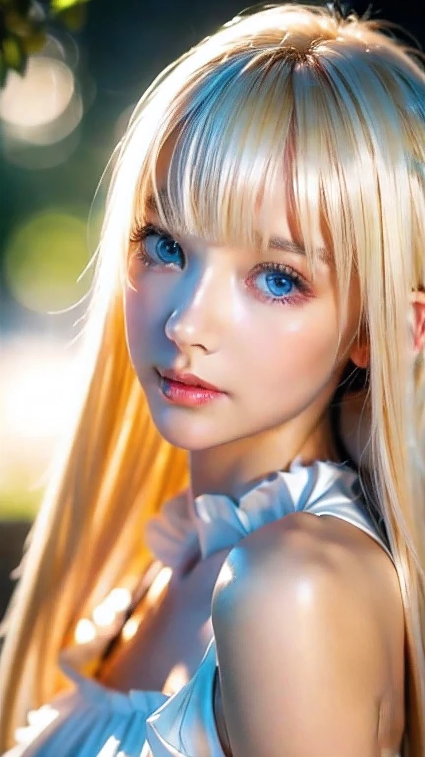 8k,Highest quality,The real picture,Intricate details,超A high resolution,Depth Field,Masseter muscle area,Natural soft light,Professional Lighting,One ,(cute:1.2),(Gothic Fashion),Bright expression,Young shiny glossy white glossy skin,The ultimate beauty,The ultimate beautiful blonde girl,The most beautiful platinum blonde hair in the world,Shiny light blonde hair,Long silky blonde hair,Shiny beautiful bangs,Sparkling, clear, attractive, very bright cream white ice blue eyes,Very beautiful, lovely, cute1, beautiful blonde girl with a baby face、Blond hair blowing in the wind、Off the shoulder