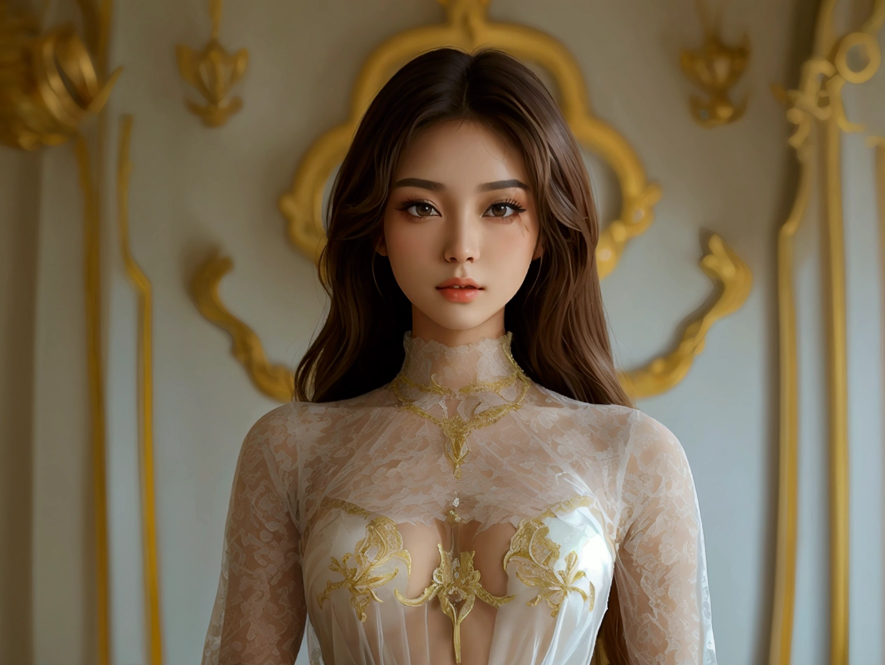 Create an image of a beautiful young woman wearing a tight, skin-tight Thai-style lace dress with cleavage on the sides, exposing her stomach to the lower abdomen and between her legs. The fabric is see-through, sheer and very thin, so that the nipples and skin of the wearer can be seen because of her. not wearing underwear, She can spread her legs wide to show off her ????????., She has a slim face., sharp eyes, long hair, responsive face, high nose, and thin lips, She has light brown hair., Breast size 32 inches with pink nipples., Her waist is 24 inches., Her hips are 33 inches., Her skin was bright and white., And her figure was slim and slightly muscular..