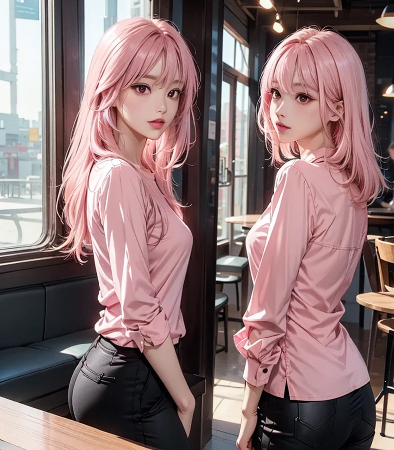 Woman with long hair straight, ((Ruby-pink hair color)), high detailed, realistic, ultra realistic, ((Ruby-pink shirt)) and black skinny long pant,