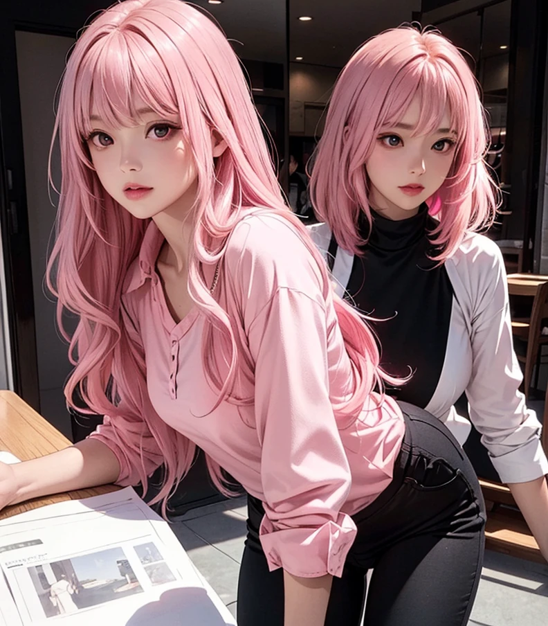 Woman with long hair straight, ((Ruby-pink hair color)), high detailed, realistic, ultra realistic, ((Ruby-pink shirt)) and black skinny long pant,